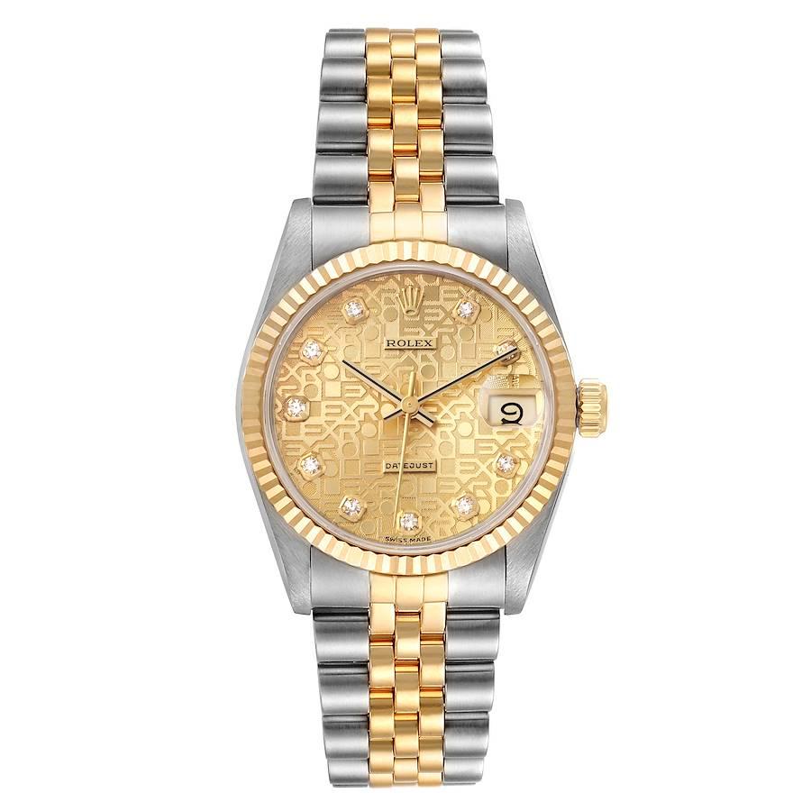 Rolex Datejust Midsize 31 Steel Yellow Gold Diamond Ladies Watch 68273. Officially certified chronometer self-winding movement. Stainless steel oyster case 31 mm in diameter. Rolex logo on a 18K yellow gold crown. 18k yellow gold fluted bezel.