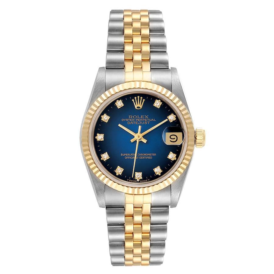 Rolex Datejust Midsize 31 Steel Yellow Gold Diamond Ladies Watch 68273. Officially certified chronometer self-winding movement. Stainless steel oyster case 31 mm in diameter. Rolex logo on a 18K yellow gold crown. 18k yellow gold fluted bezel.