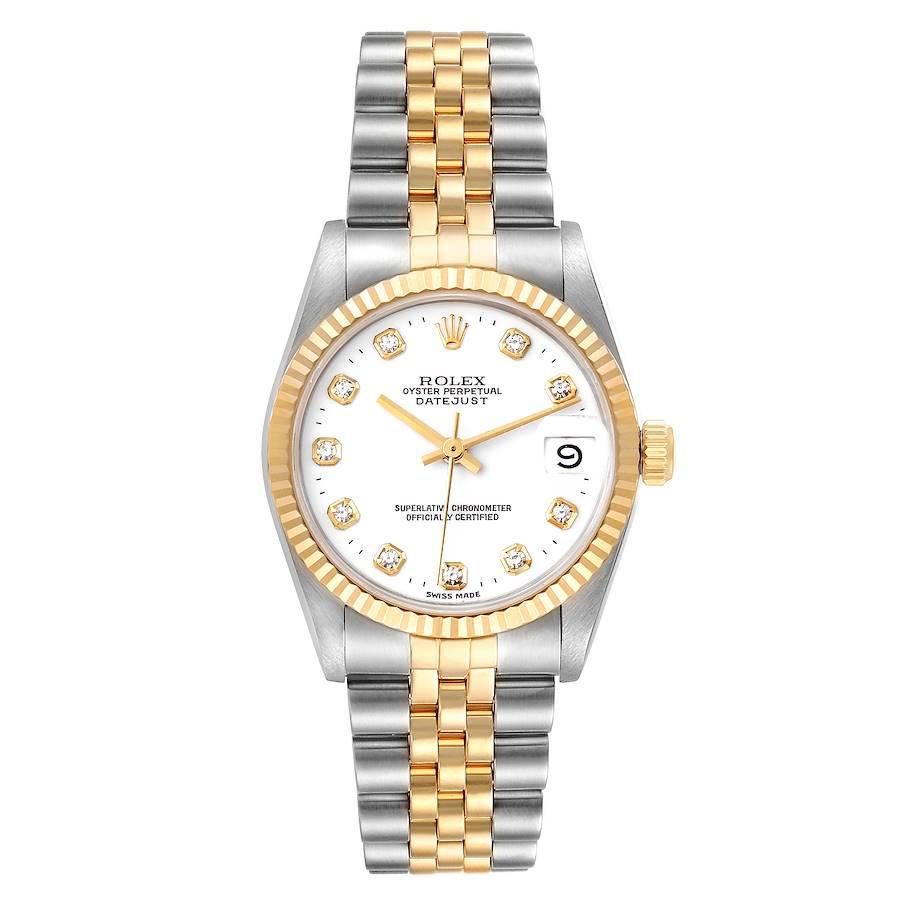 Rolex Datejust Midsize 31 Steel Yellow Gold Diamond Ladies Watch 68273. Officially certified chronometer self-winding movement. Stainless steel oyster case 31 mm in diameter. Rolex logo on a 18K yellow gold crown. 18k yellow gold fluted bezel.