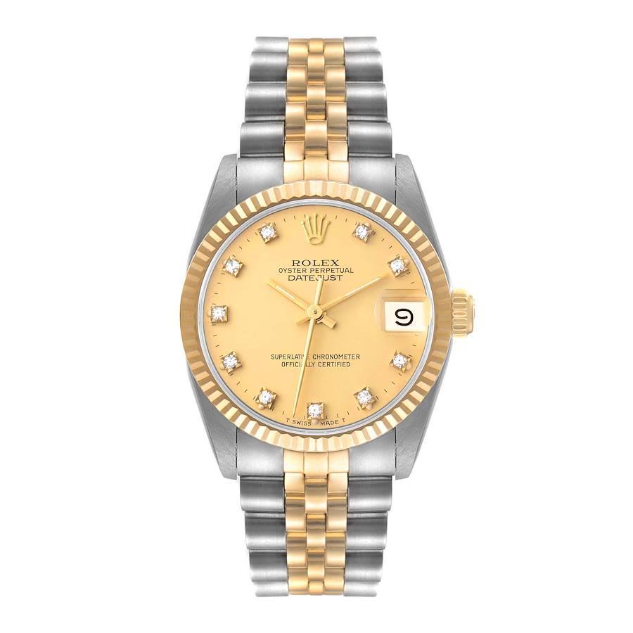 Rolex Datejust Midsize 31 Steel Yellow Gold Diamond Ladies Watch 68273. Officially certified chronometer self-winding movement. Stainless steel oyster case 31 mm in diameter. Rolex logo on a 18K yellow gold crown. 18k yellow gold fluted bezel.