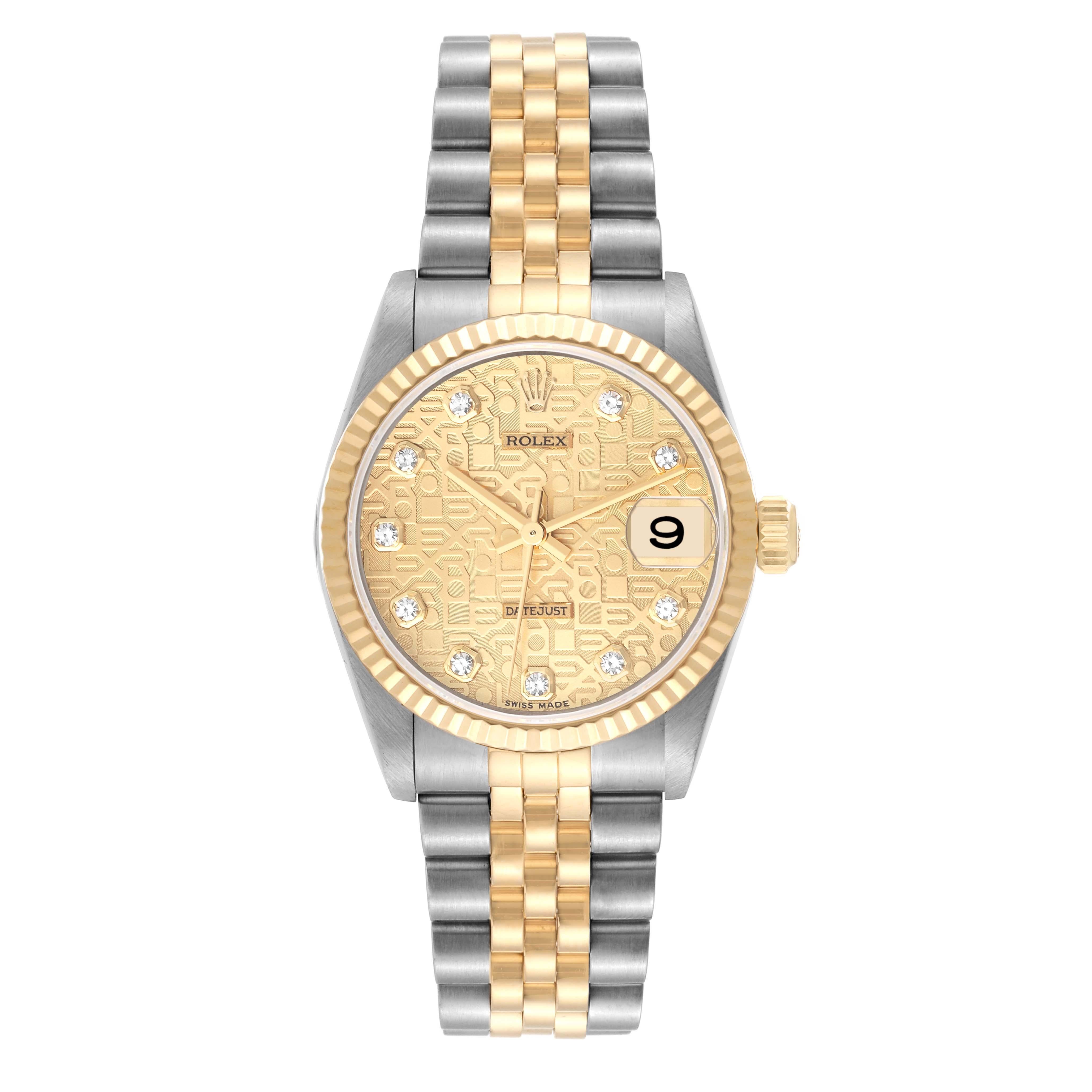 Rolex Datejust Midsize 31 Steel Yellow Gold Diamond Ladies Watch 78273. Officially certified chronometer self-winding movement. Stainless steel oyster case 31 mm in diameter. Rolex logo on an 18K yellow gold crown. 18k yellow gold fluted bezel.