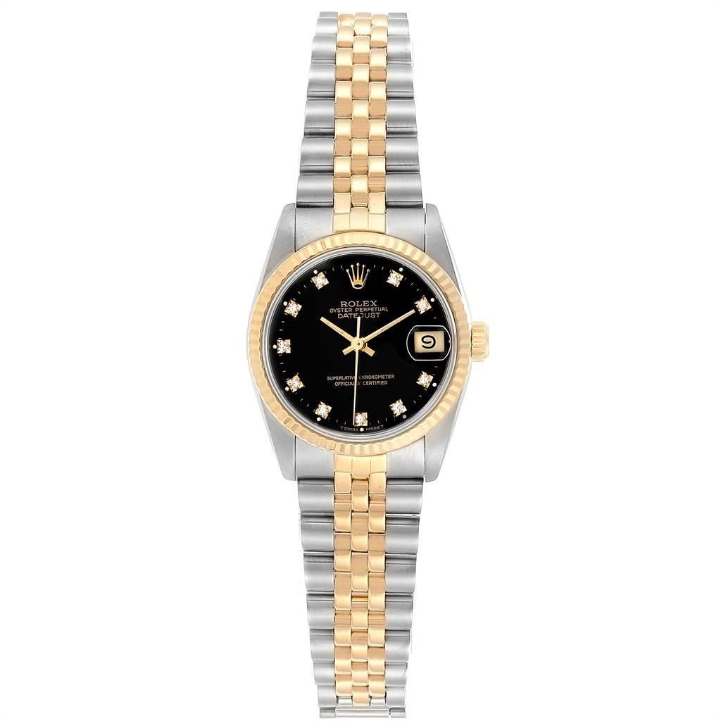 Rolex Datejust Midsize 31 Steel Yellow Gold Diamond Watch 68273 Box Paper. Officially certified chronometer self-winding movement. Stainless steel oyster case 31 mm in diameter. Rolex logo on a 18K yellow gold crown. 18k yellow gold fluted bezel.