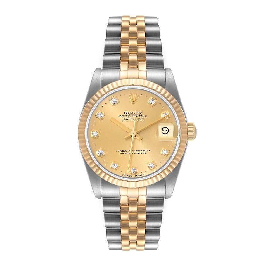 Rolex Datejust Midsize 31 Steel Yellow Gold Diamond Watch 68273 Box Papers. Officially certified chronometer self-winding movement. Stainless steel oyster case 31 mm in diameter. Rolex logo on a 18K yellow gold crown. 18k yellow gold fluted bezel.