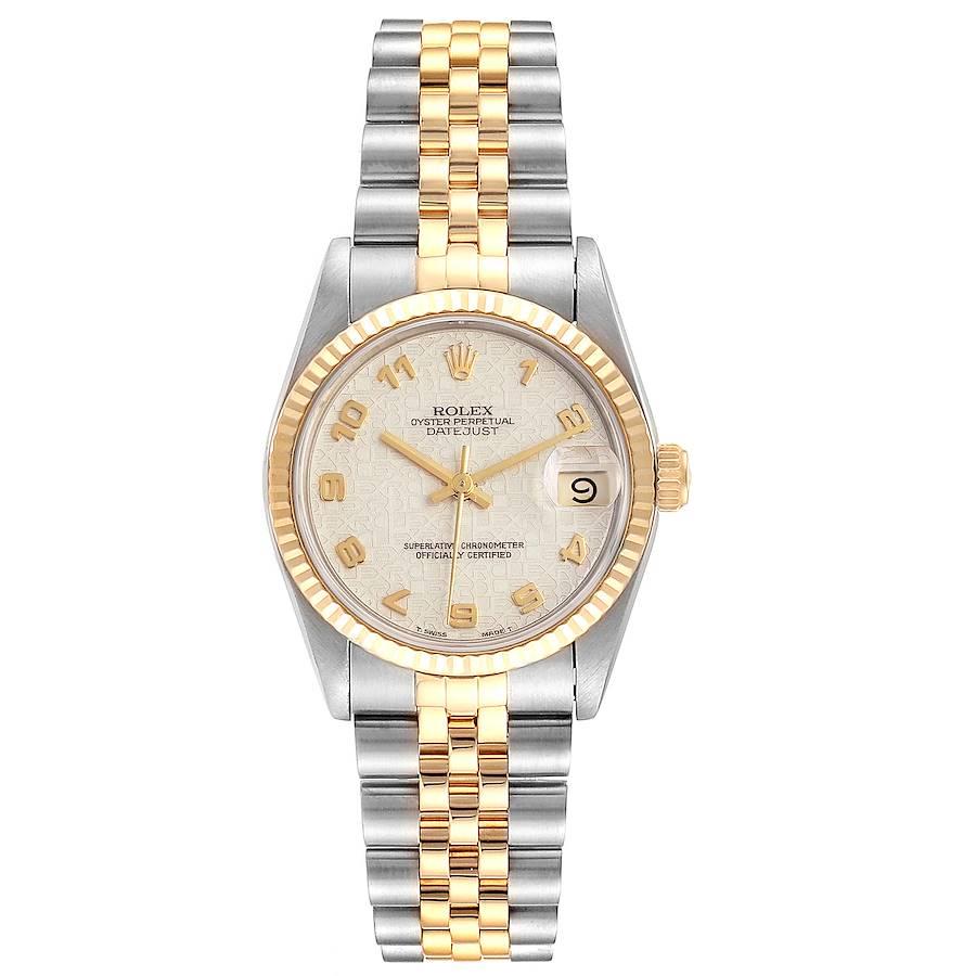 Rolex Datejust Midsize 31 Steel Yellow Gold Ladies Watch 68273. Officially certified chronometer self-winding movement. Stainless steel oyster case 31 mm in diameter. Rolex logo on a 18K yellow gold crown. 18k yellow gold fluted bezel. Scratch