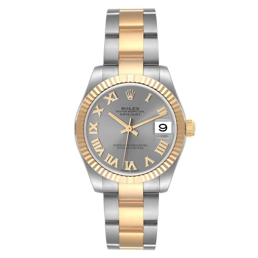 Rolex Datejust Midsize 31 Stahl Gelbgold Schiefer Zifferblatt Damenuhr 178273. Offiziell zertifiziertes Chronometerwerk mit automatischem Aufzug. Austerngehäuse aus Edelstahl mit einem Durchmesser von 31.0 mm. Rolex Logo auf der Krone aus 18 Karat