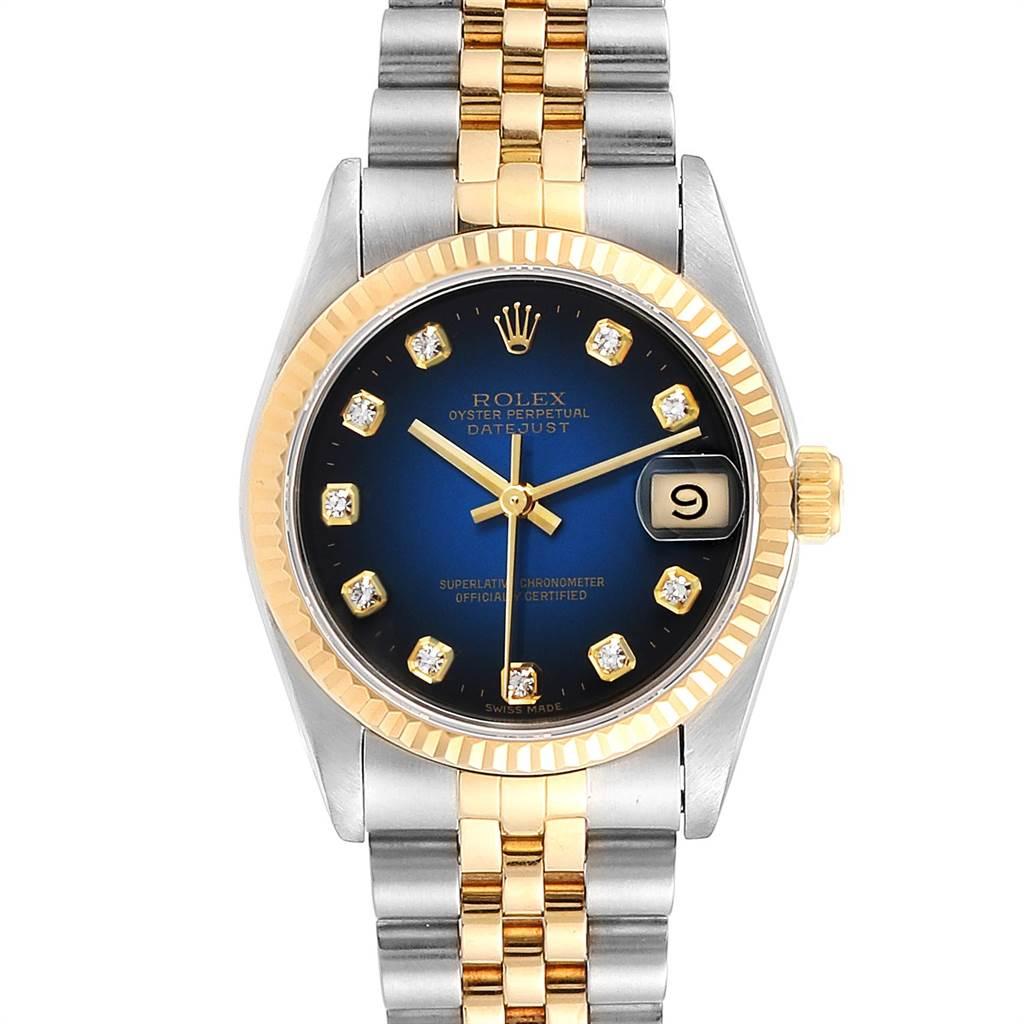 Rolex Datejust Midsize 31 Steel Yellow Gold Vignette Diamond Watch 68273. Officially certified chronometer self-winding movement. Stainless steel and 18K yellow gold oyster case 31.0 mm in diameter. Rolex logo on a crown. 18k yellow gold fluted