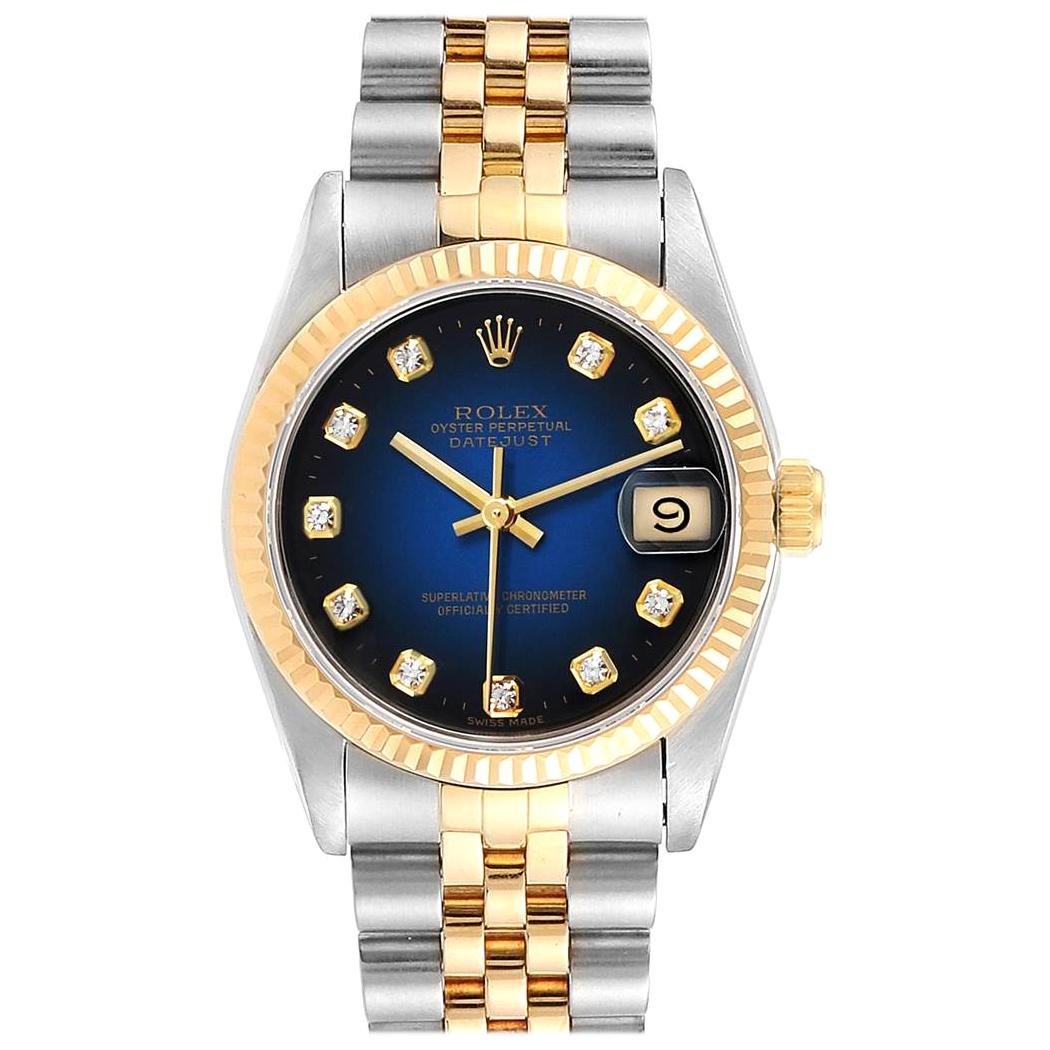 Rolex Datejust Midsize 31 Steel Yellow Gold Vignette Diamond Watch 68273 For Sale