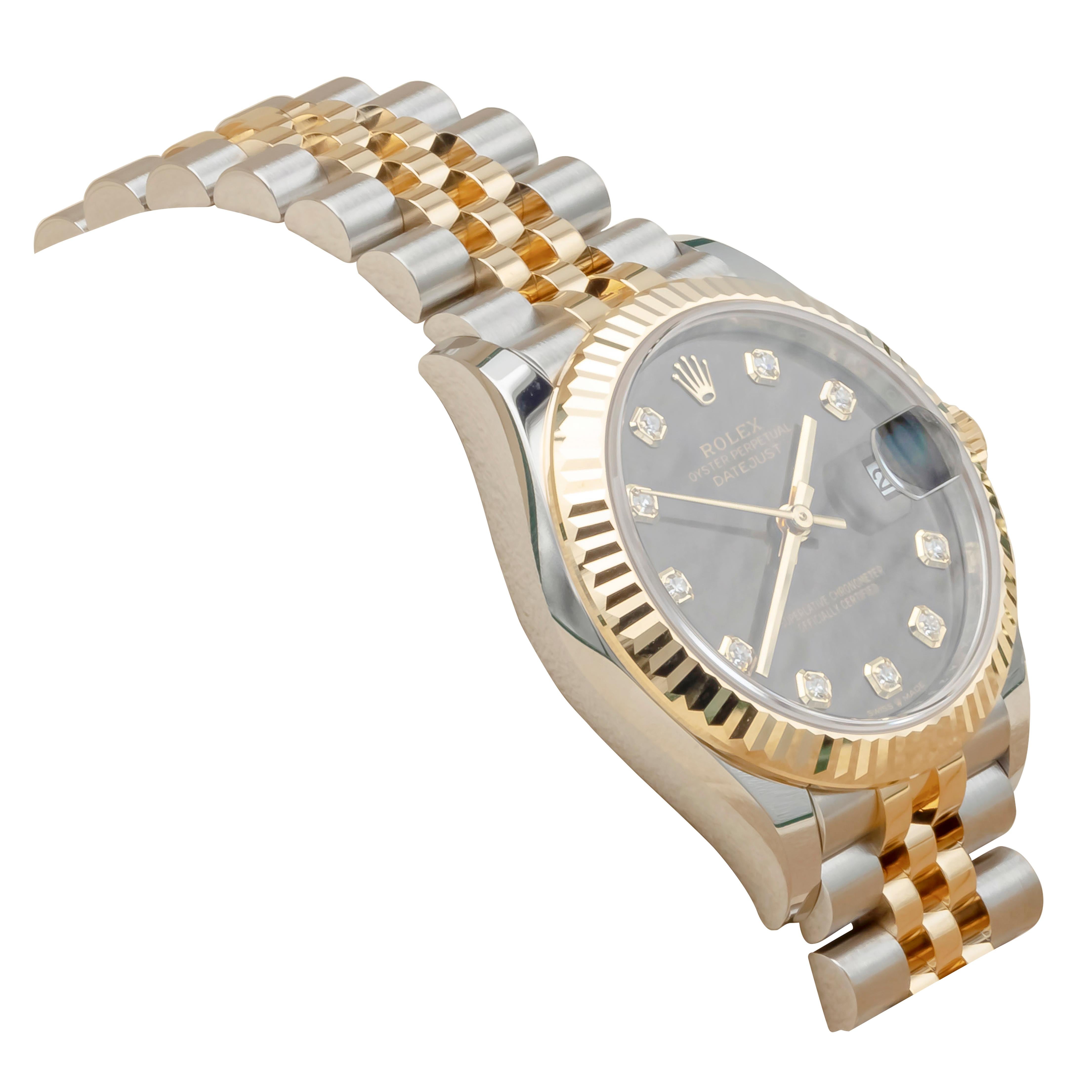 Rolex Datejust 31 Midsize Steel Rose Gold Diamond Ladies Watch 278273. Officially certified chronometer self-winding movement. Rolex logo on 18K yellow gold crown. 18K yellow gold fluted bezel. Scratch resistant sapphire crystal with cyclops
