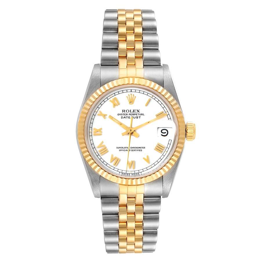 Rolex Datejust Midsize 31 White Dial Steel Yellow Gold Ladies Watch 68273. Officially certified chronometer self-winding movement. Stainless steel oyster case 31 mm in diameter. Rolex logo on a 18K yellow gold crown. 18k yellow gold fluted bezel.
