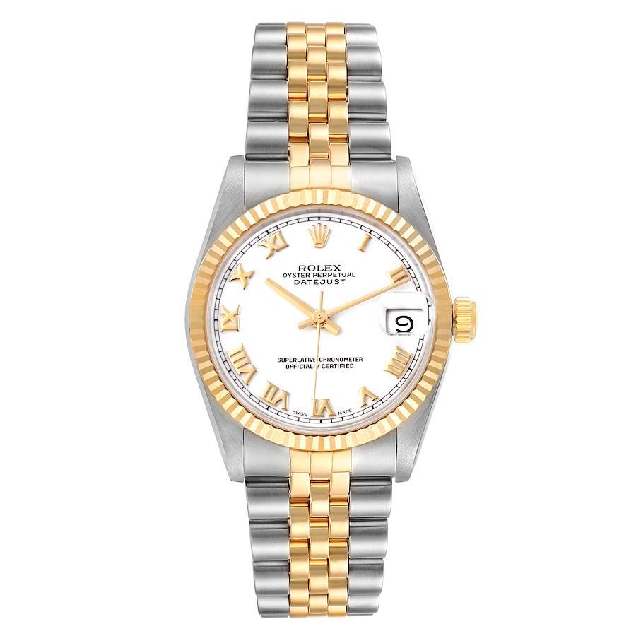 Rolex Datejust Midsize 31 White Dial Steel Yellow Gold Watch 68273 Box Papers. Officially certified chronometer self-winding movement. Stainless steel oyster case 31 mm in diameter. Rolex logo on a 18K yellow gold crown. 18k yellow gold fluted