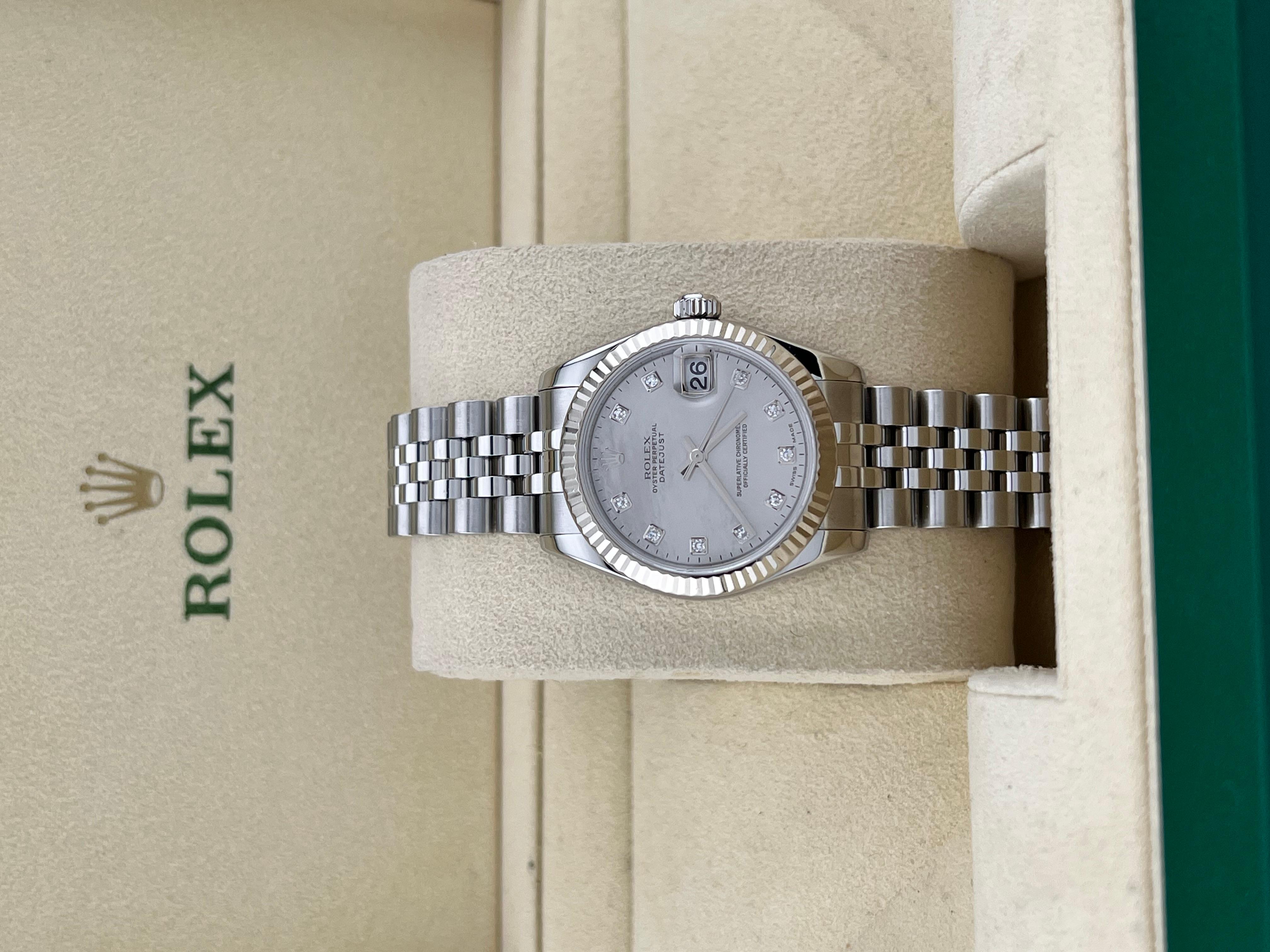 Style Number: 178274



Serial: D544***



Year: 2005

 

Model: Rolex Datejust Midsize

 

Case Material: Stainless Steel 

 

Band: Stainless Steel Jubilee 

 

Bezel: 18K White Gold Fluted Bezel 

 

Dial: Factory Mother Of Pearl Diamond Dial 

