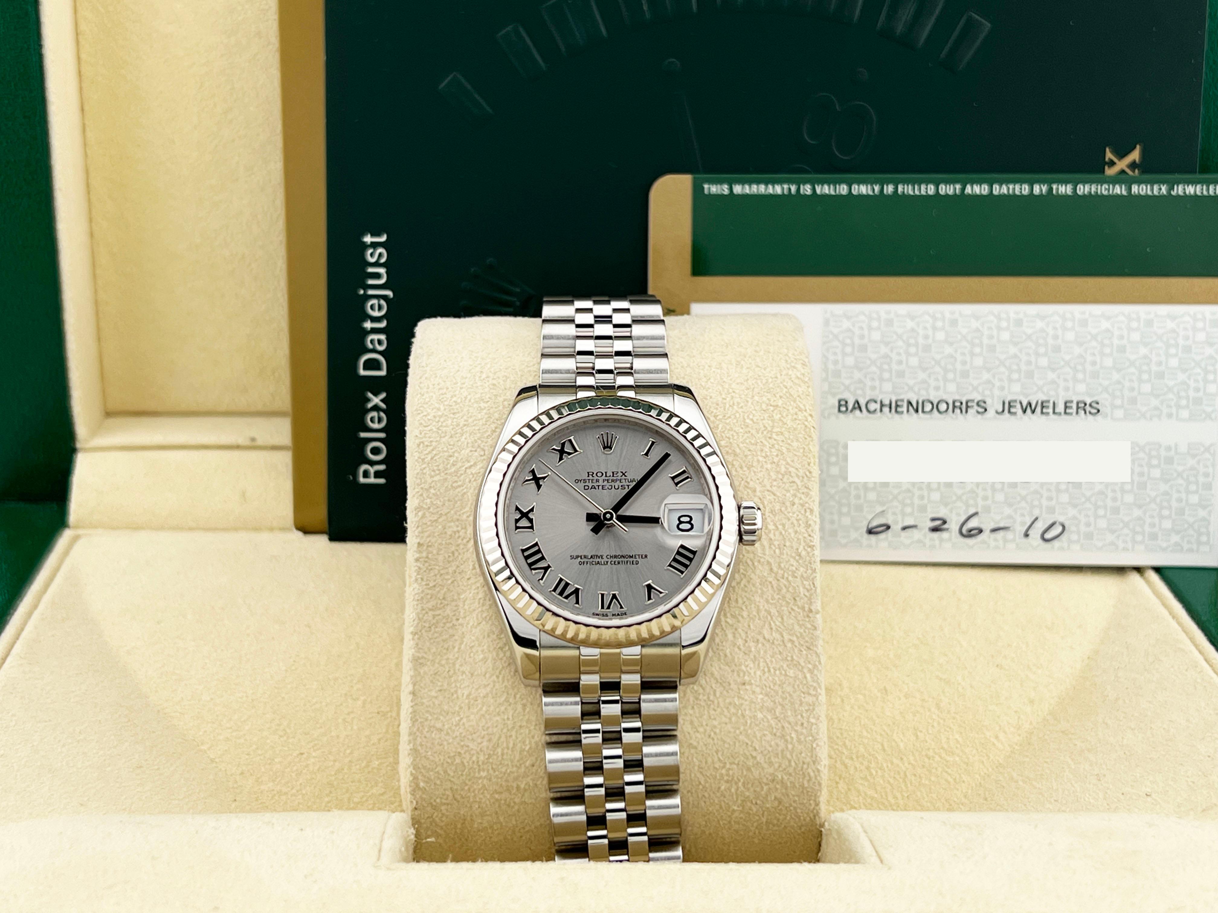 Rolex Datejust Midsize 31mm 178274 Silber römischen Stahl 18k Gold Lünette Box Papier im Zustand „Hervorragend“ in San Diego, CA
