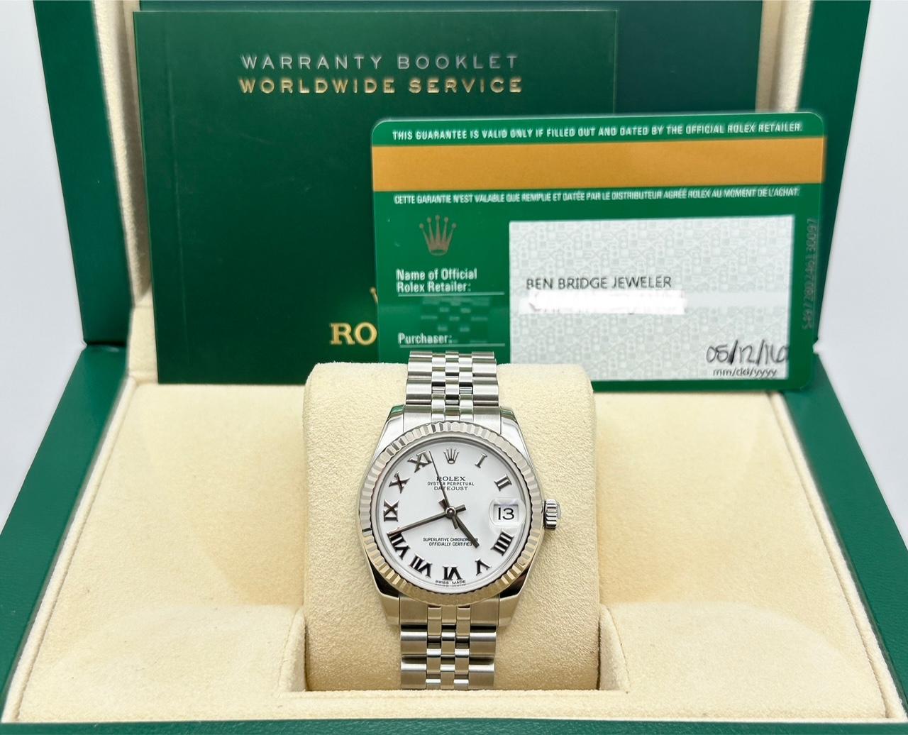 Numero di stile: 178274



Seriale: P96D7***



Anno: 2016

 

Model: Rolex Datejust Midsize

 

Materiale della cassa: Acciaio inossidabile

 

Fascia: Giubileo in acciaio inossidabile

   

Lunetta: scanalata in oro bianco 18 carati

 