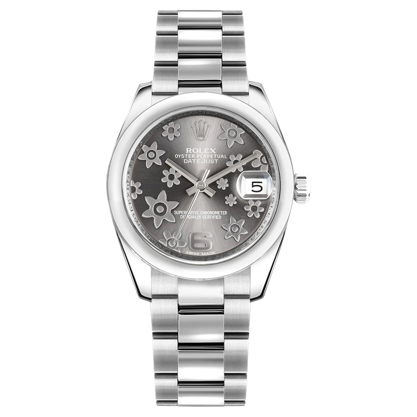 Rolex Datejust Midsize 31mm Grey Floral Motif Dial Oyster Steel Watch 178240 en venta