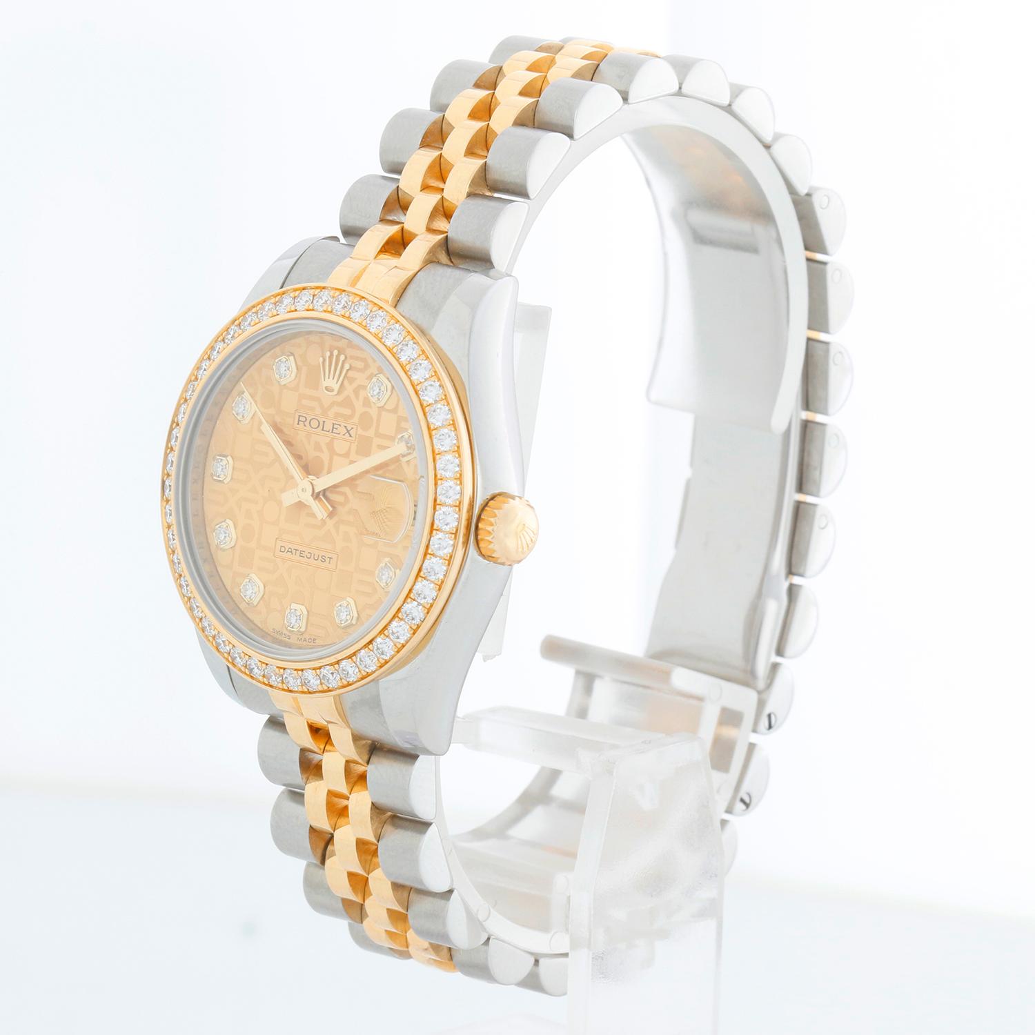 Rolex Datejust Midsize 31mm Steele & Gold Diamond Bezel 178383 - Carica automatica, 31 Jewell, vetro zaffiro. Datejust. Cassa in acciaio inossidabile con lunetta di diamanti (diametro 31 mm). Quadrante con diamanti del Giubileo dello Champagne.