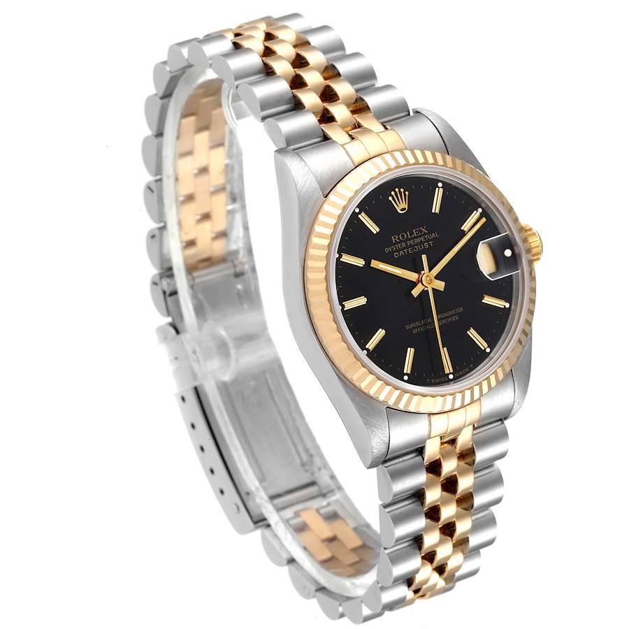 Rolex Datejust Midsize Steel Yellow Gold Black Dial Ladies Watch 68273 In Excellent Condition In Atlanta, GA