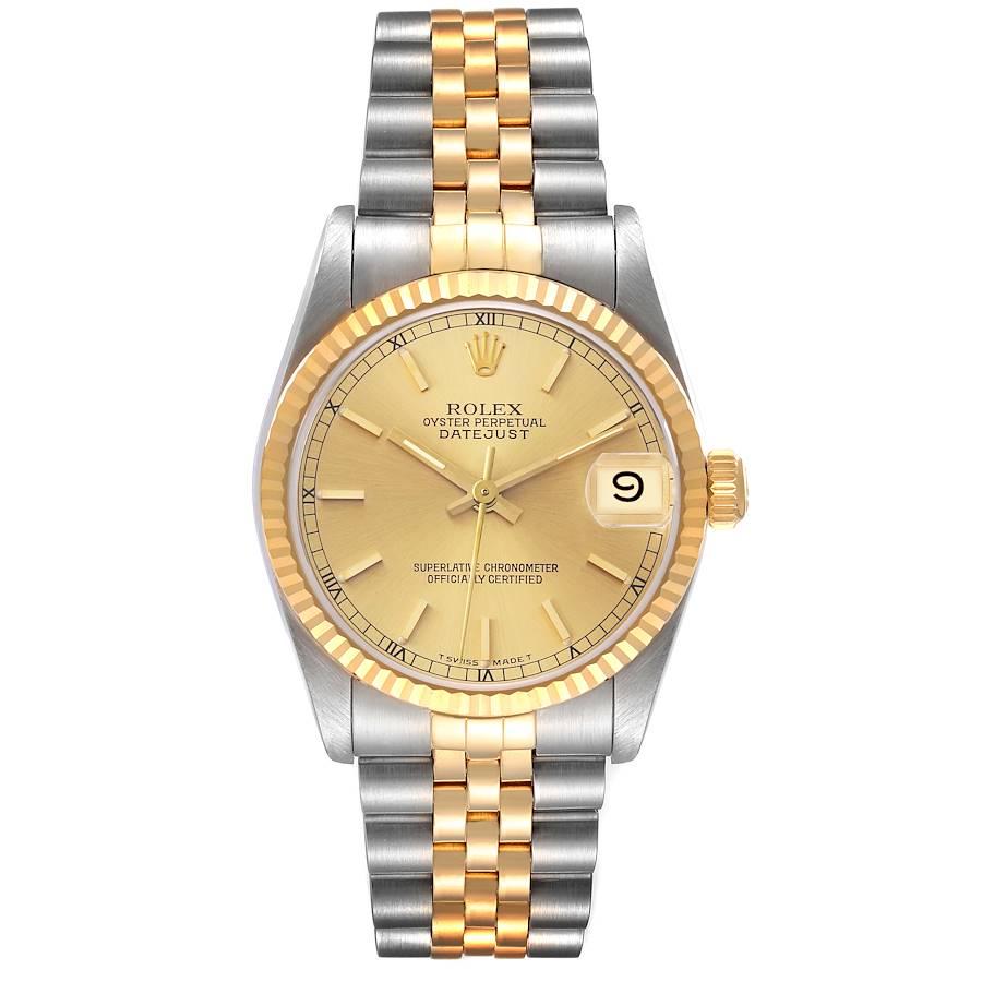Rolex Datejust Midsize 31mm Stahl Gelbgold Champagner Zifferblatt Damenuhr 68273. Offiziell zertifiziertes Chronometerwerk mit automatischem Aufzug. Austerngehäuse aus Edelstahl mit einem Durchmesser von 31 mm. Rolex-Logo auf einer Krone aus 18