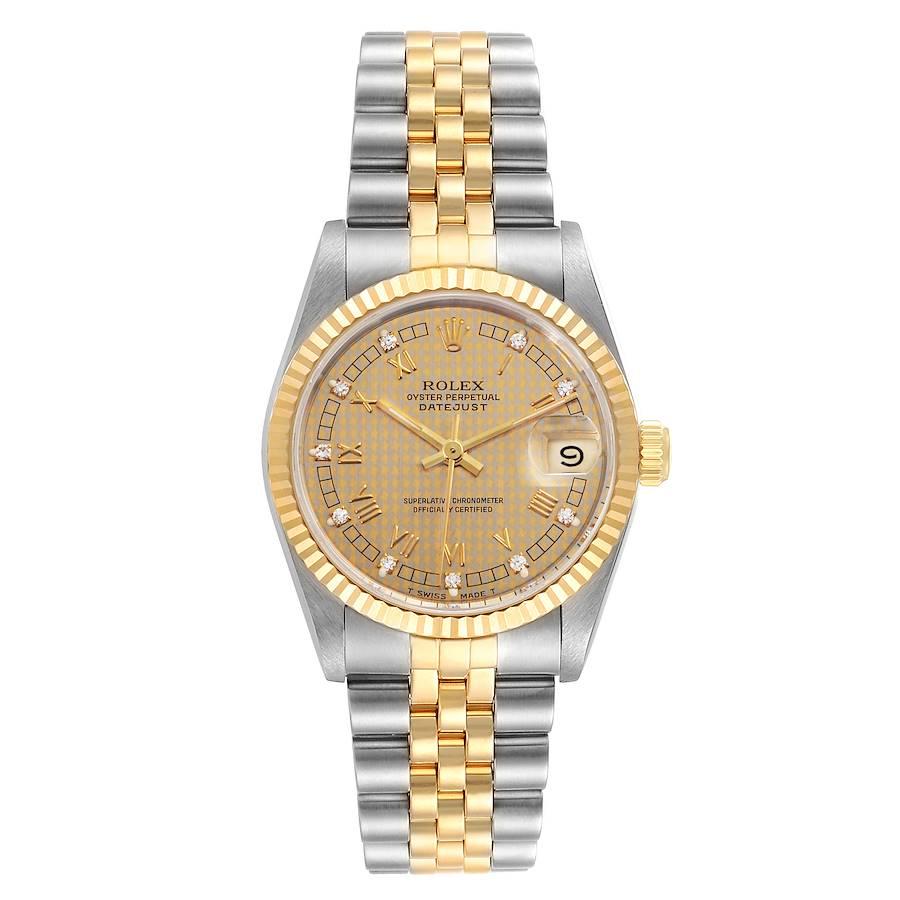 Rolex Datejust Midsize 31mm Steel Yellow Gold Diamond Ladies Watch 68273. Officially certified chronometer self-winding movement. Stainless steel oyster case 31 mm in diameter. Rolex logo on a 18K yellow gold crown. 18k yellow gold fluted bezel.