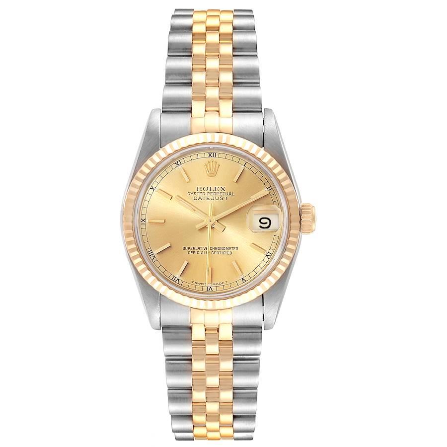 Rolex Datejust Midsize 31mm Steel Yellow Gold Ladies Watch 68273 Box. Officially certified chronometer self-winding movement. Stainless steel oyster case 31 mm in diameter. Rolex logo on a 18K yellow gold crown. 18k yellow gold fluted bezel. Scratch