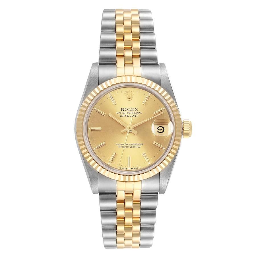 Rolex Datejust Midsize 31mm Steel Yellow Gold Ladies Watch 68273. Officially certified chronometer self-winding movement. Stainless steel oyster case 31 mm in diameter. Rolex logo on a 18K yellow gold crown. 18k yellow gold fluted bezel. Scratch