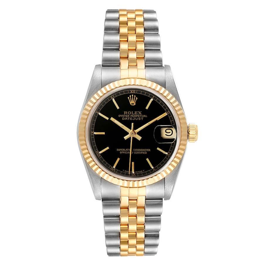 Rolex Datejust Midsize 31mm Steel Yellow Gold Ladies Watch 68273. Officially certified chronometer self-winding movement. Stainless steel oyster case 31 mm in diameter. Rolex logo on a 18K yellow gold crown. 18k yellow gold fluted bezel. Scratch