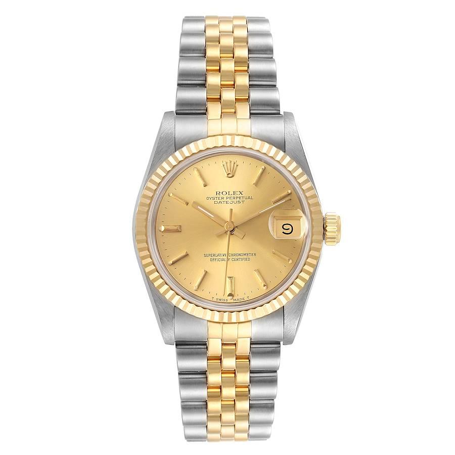 Rolex Datejust Midsize 31mm Steel Yellow Gold Ladies Watch 68273. Officially certified chronometer self-winding movement. Stainless steel oyster case 31 mm in diameter. Rolex logo on a 18K yellow gold crown. 18k yellow gold fluted bezel. Scratch