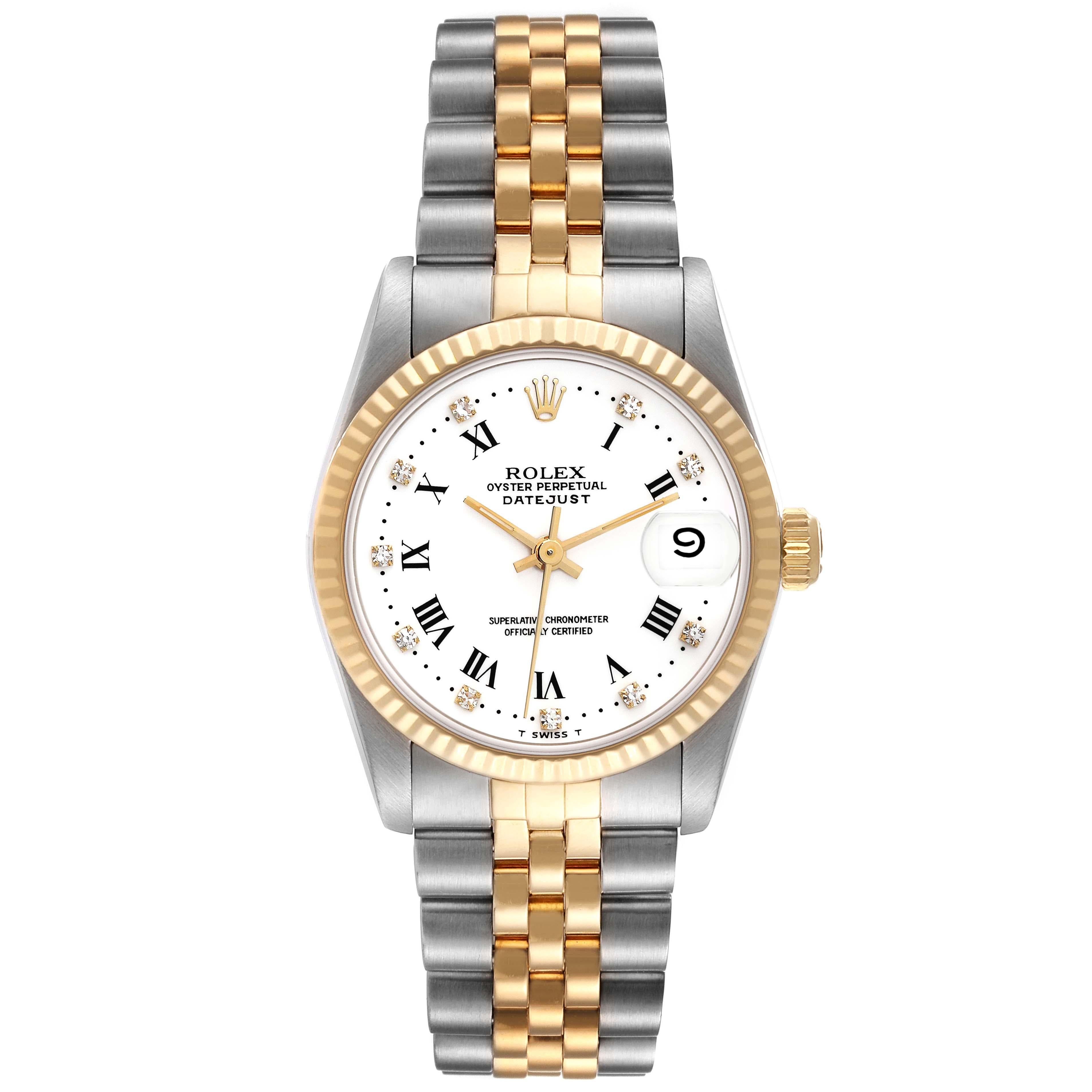 Rolex Datejust Midsize 31mm Steel Yellow Gold Ladies Watch 68273. Officially certified chronometer automatic self-winding movement. Stainless steel oyster case 31 mm in diameter. Rolex logo on an 18K yellow gold crown. 18k yellow gold fluted bezel.
