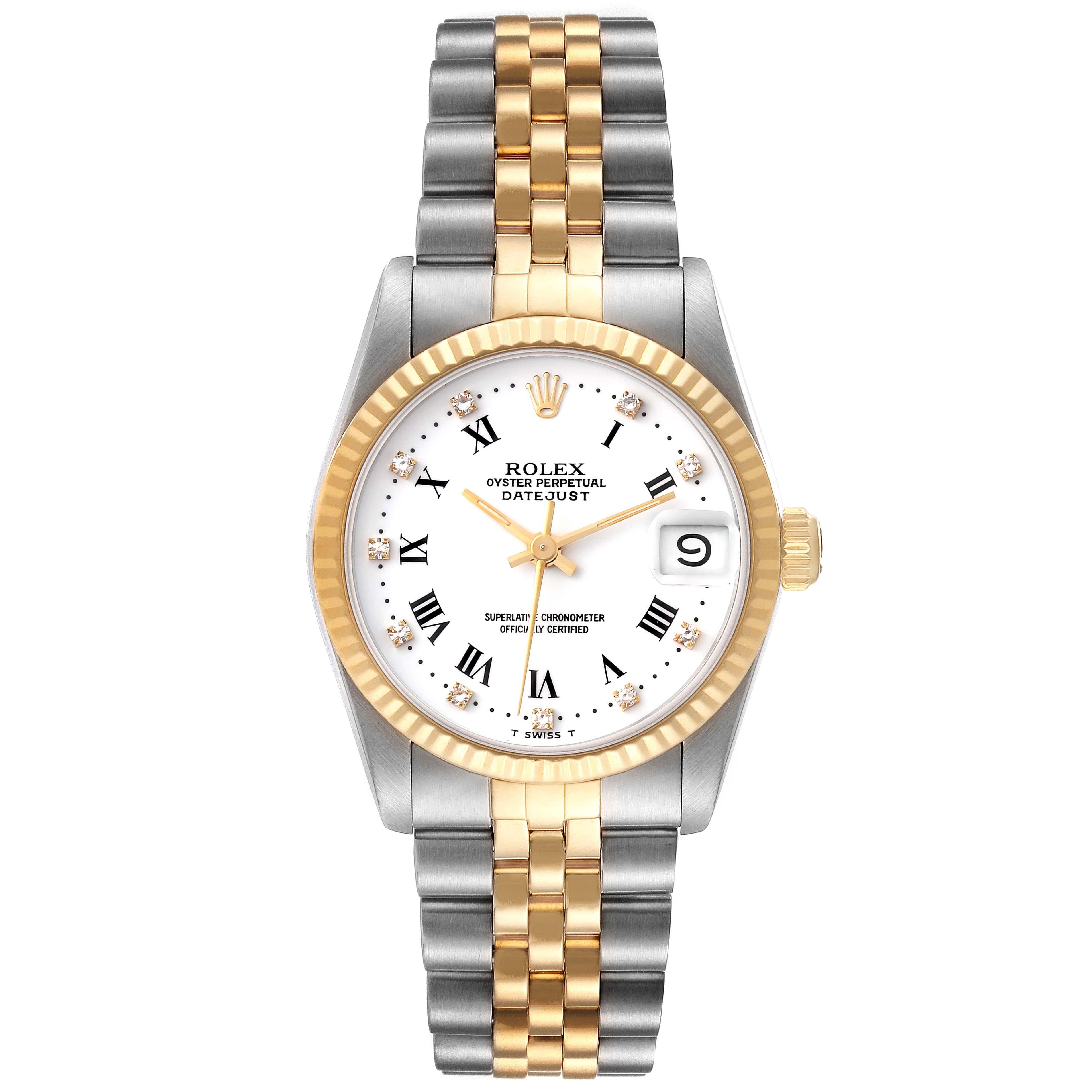 Rolex Datejust Midsize 31mm Steel Yellow Gold White Dial Ladies Watch 68273. Officially certified chronometer automatic self-winding movement. Stainless steel oyster case 31 mm in diameter. Rolex logo on an 18K yellow gold crown. 18k yellow gold