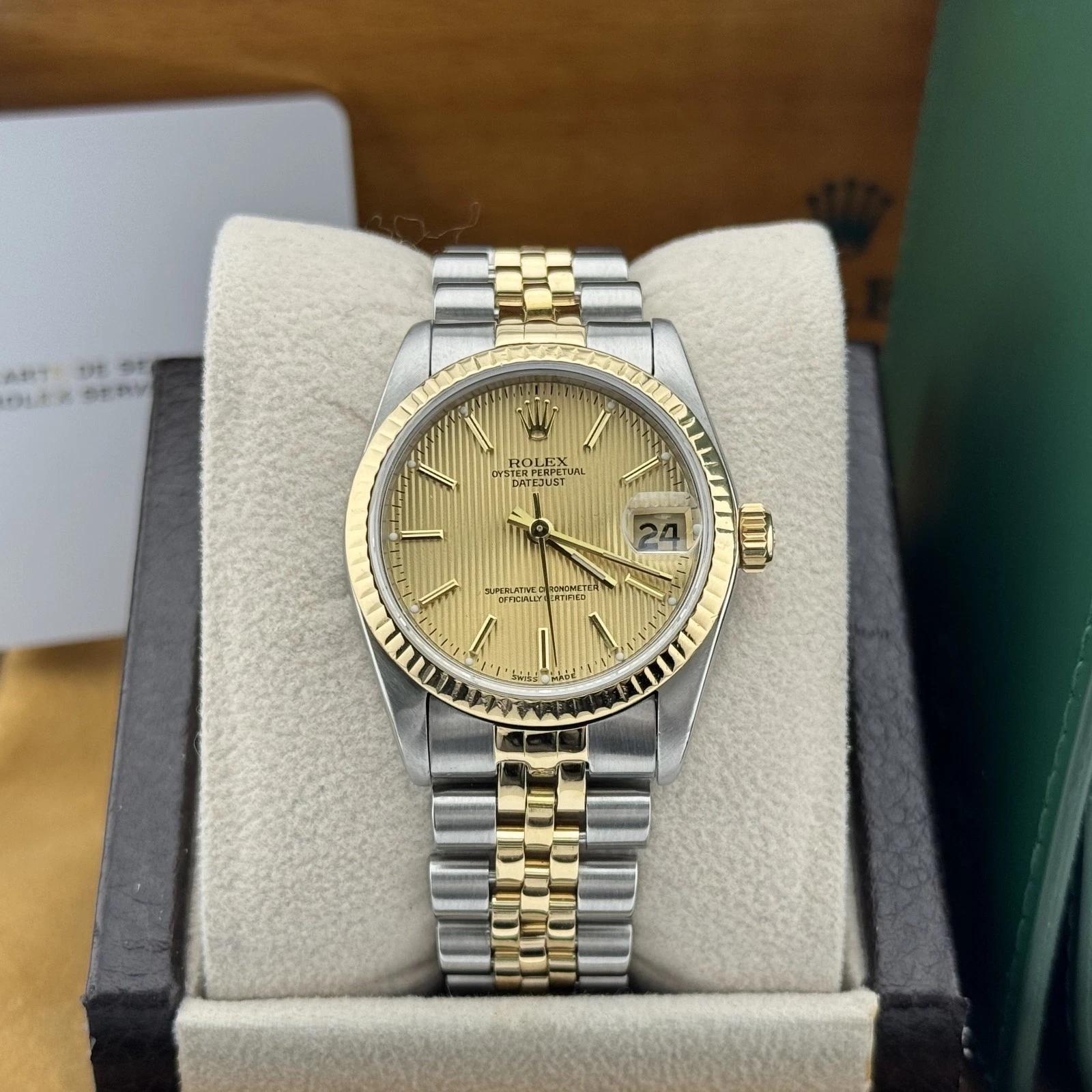 Rolex Datejust Midsize 68273 31mm Champán Tapiz Oro 18k Acero Tarjeta de servicio en Excelente estado para la venta en San Diego, CA