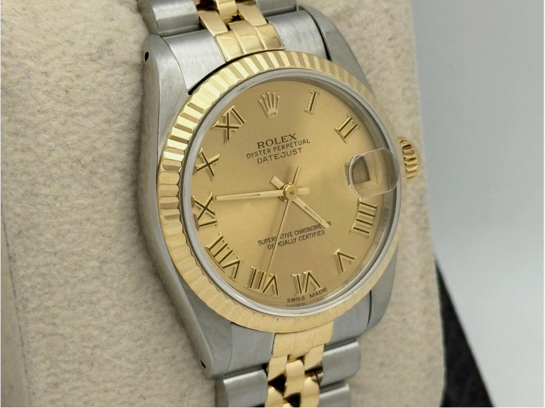 Donna Rolex Datejust Midsize 68273 Quadrante Romano Champagne Oro Giallo 18k Acciaio 31mm in vendita
