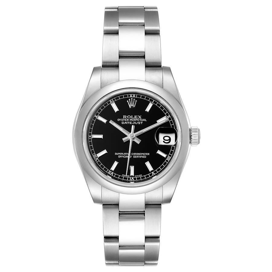 Rolex Datejust Midsize Black Dial Steel Ladies Watch 178240 Box Papers. Officially certified chronometer self-winding movement. Stainless steel oyster case 31.0 mm in diameter. Rolex logo on a crown. Stainless steel smooth bezel. Scratch resistant