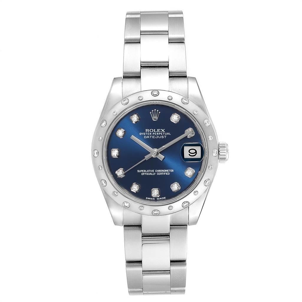 Rolex Datejust Midsize Blue Diamond Dial Ladies Watch 178344 Box Card. Officially certified chronometer self-winding movement. Stainless steel oyster case 31.0 mm in diameter. Rolex logo on a crown. Original Rolex factory 18K white gold domed bezel