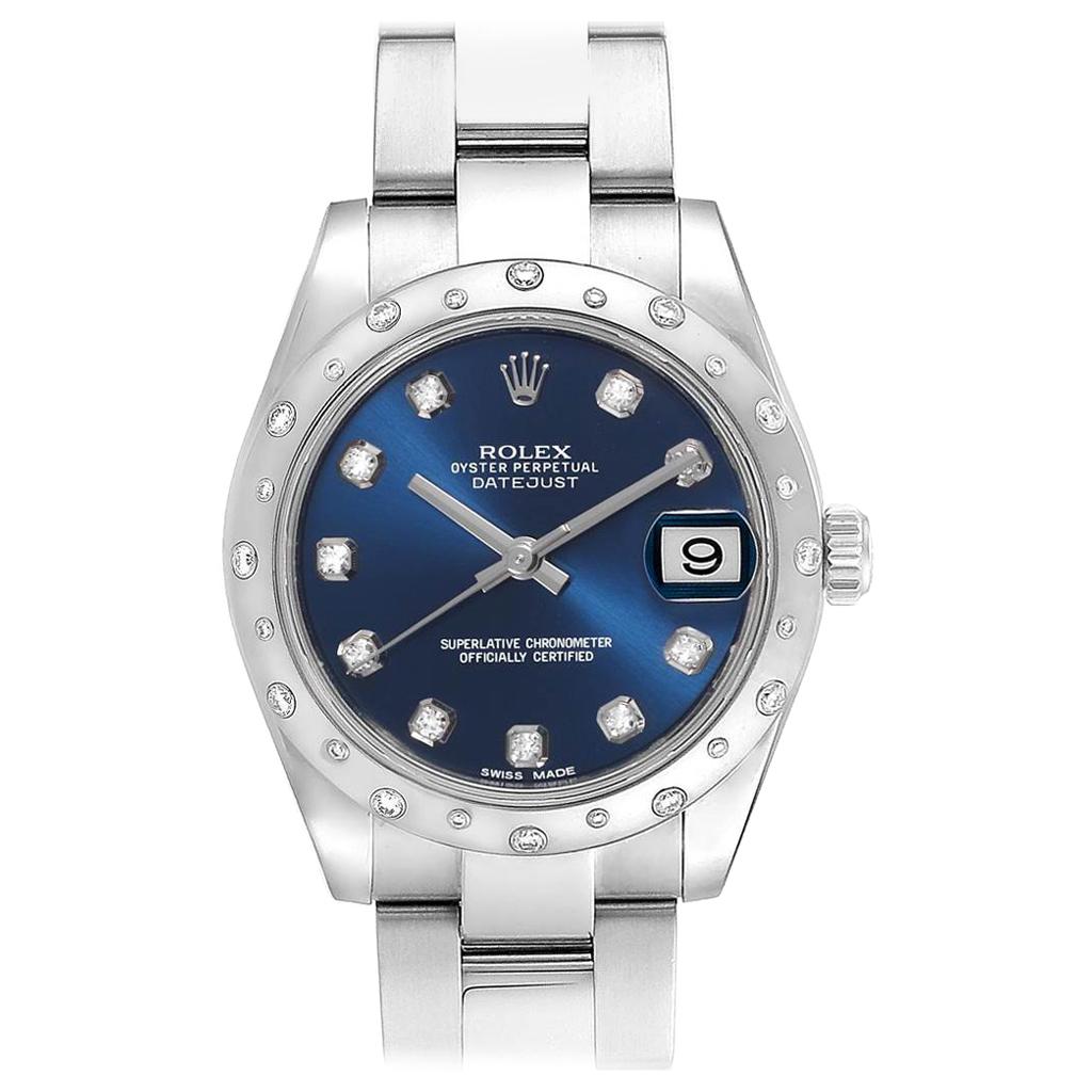 Rolex Datejust Midsize Blue Diamond Dial Ladies Watch 178344 Box Card For Sale