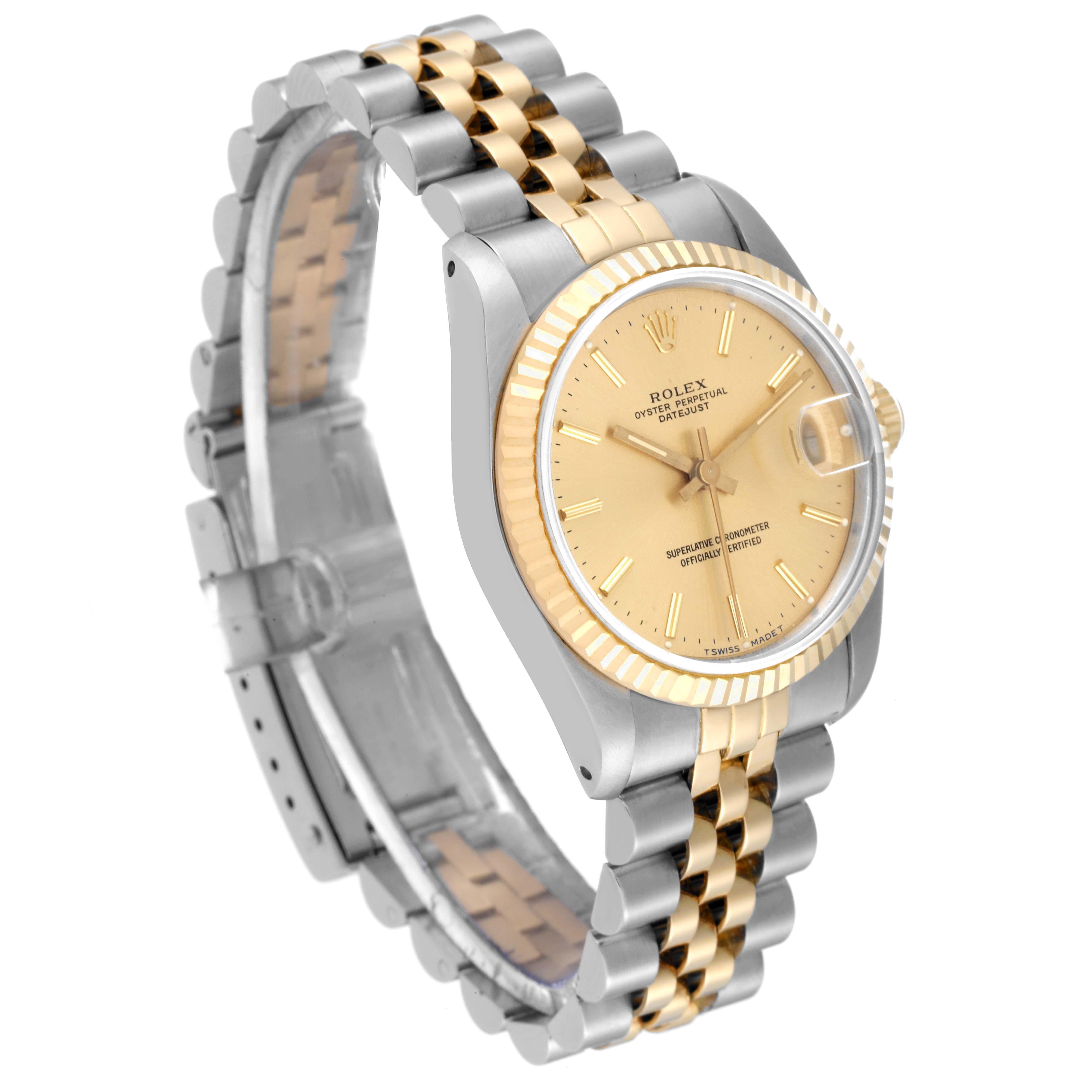 Rolex Datejust Midsize Champagne Dial Steel Yellow Gold Ladies Watch 68273 In Good Condition For Sale In Atlanta, GA