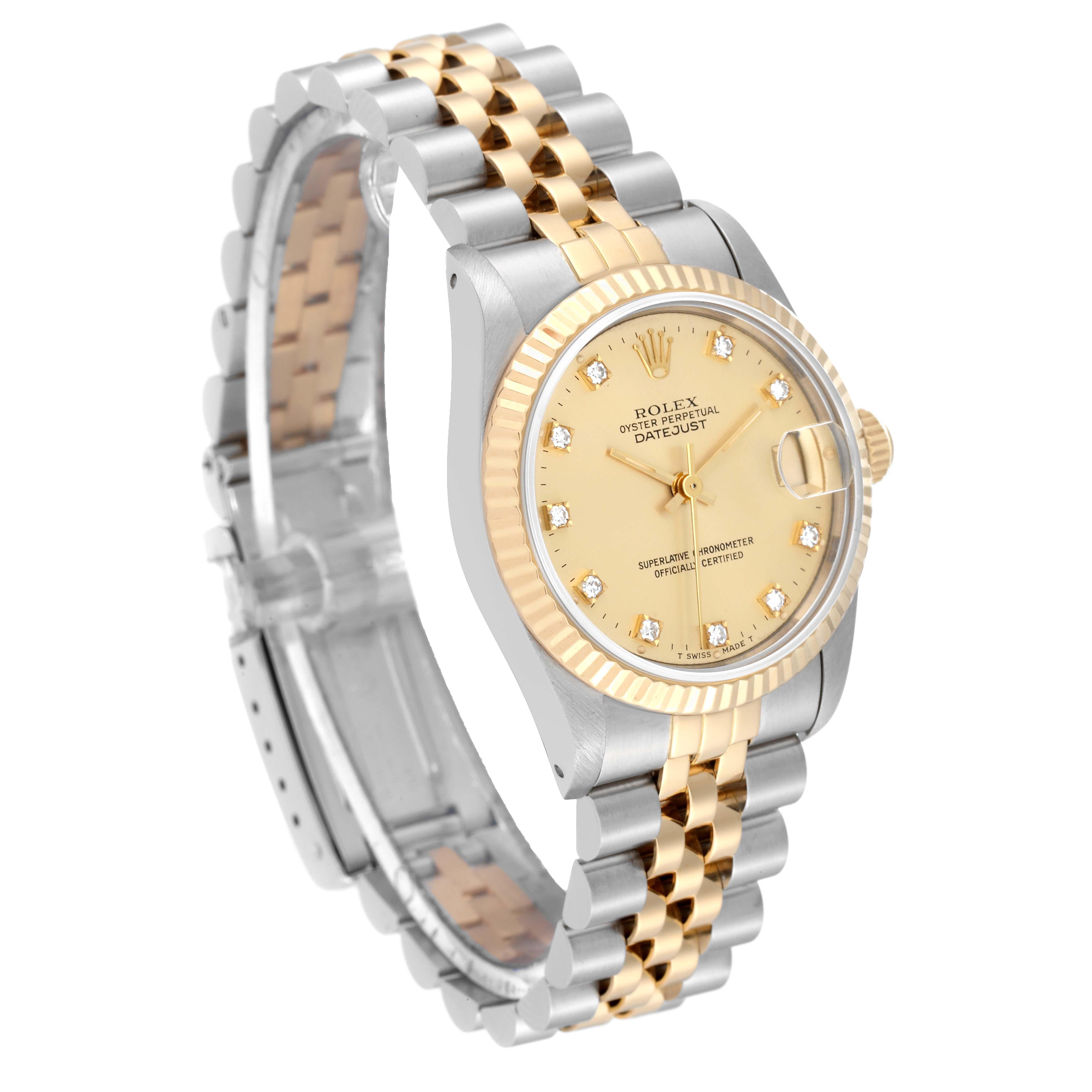 Rolex Datejust Midsize Diamond Dial Steel Yellow Gold Ladies Watch 68273 In Excellent Condition In Atlanta, GA
