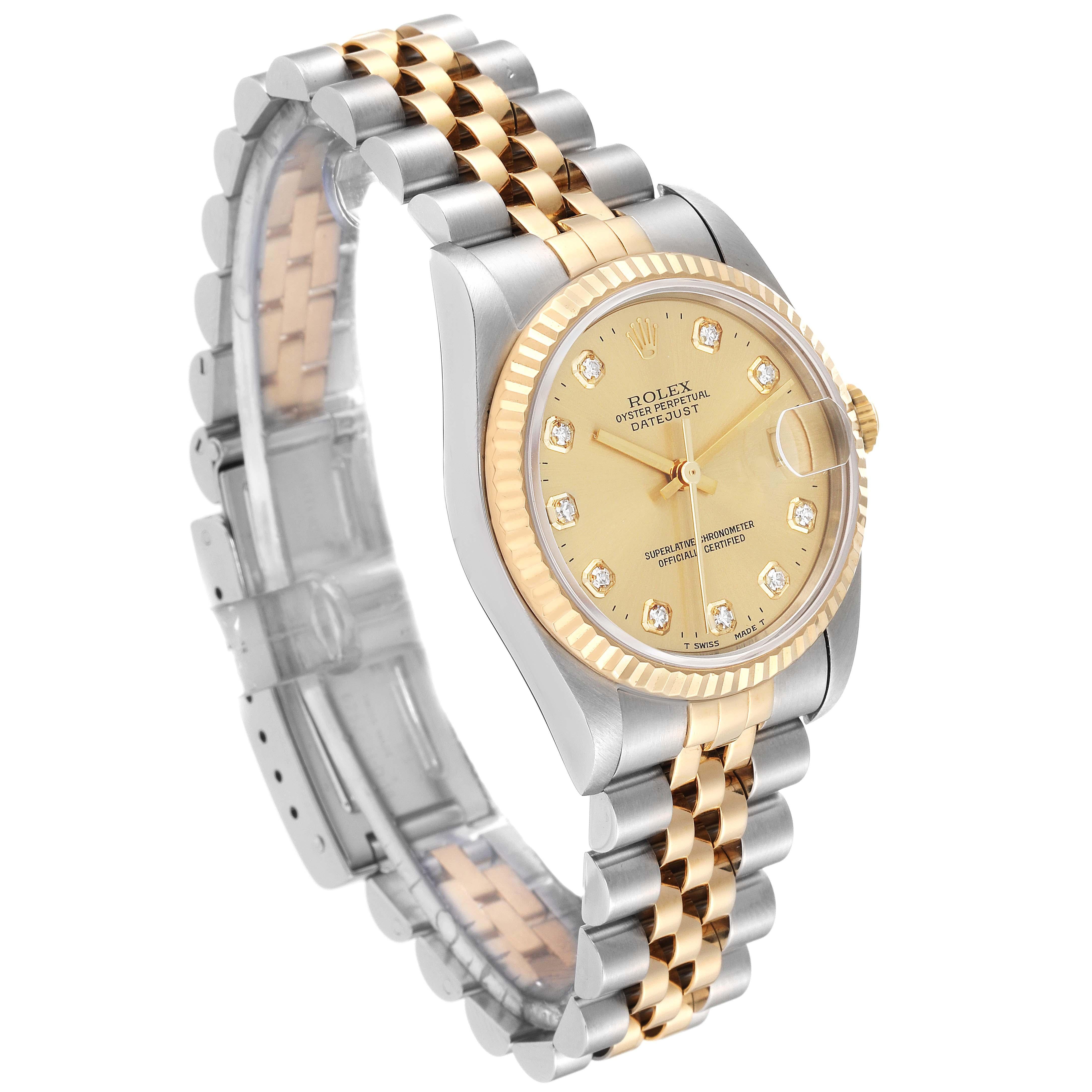 Rolex Datejust Midsize Diamond Dial Steel Yellow Gold Ladies Watch 68273 In Good Condition For Sale In Atlanta, GA