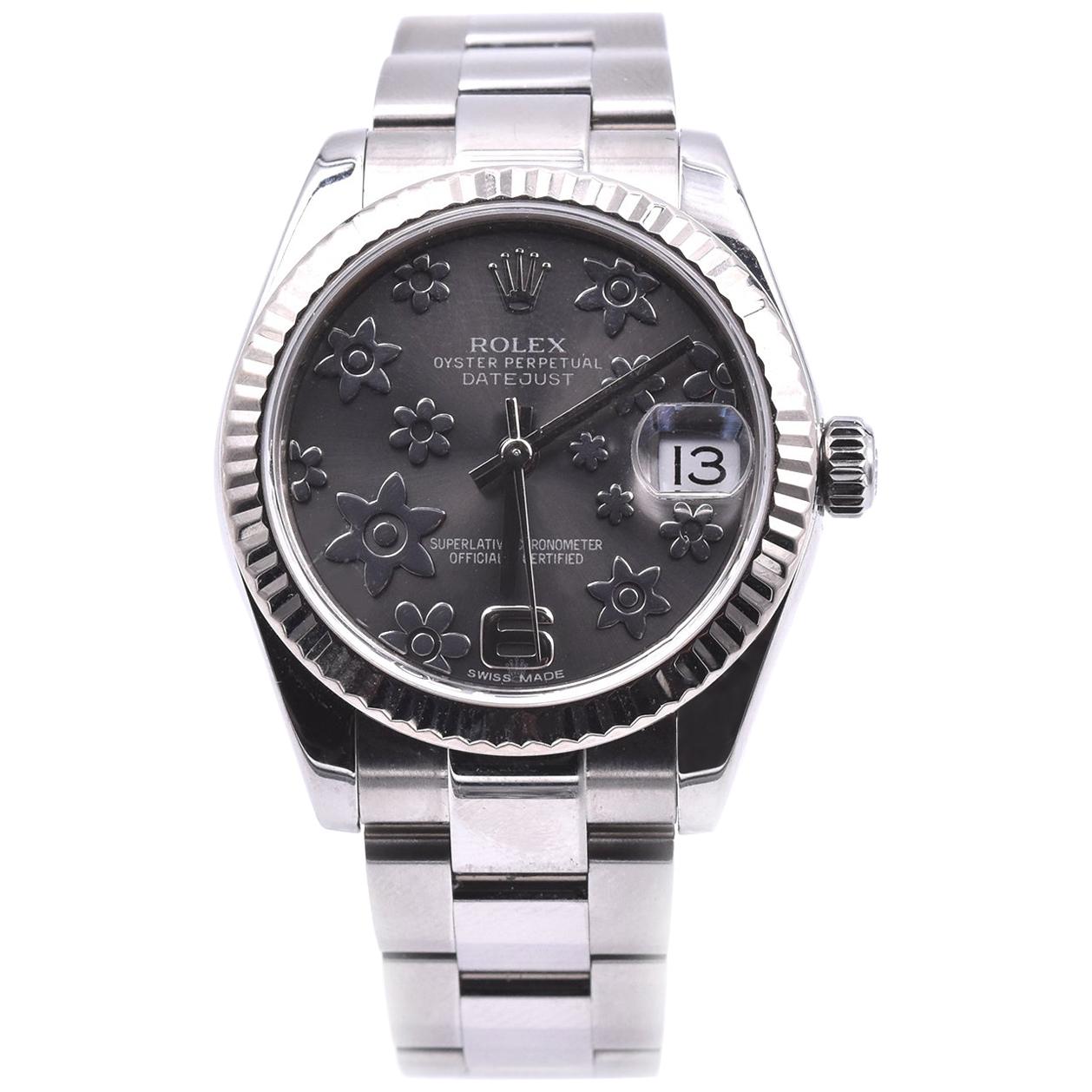 Rolex Datejust Midsize Fluted Bezel Silver Floral Dial Stainless Steel Watch 178