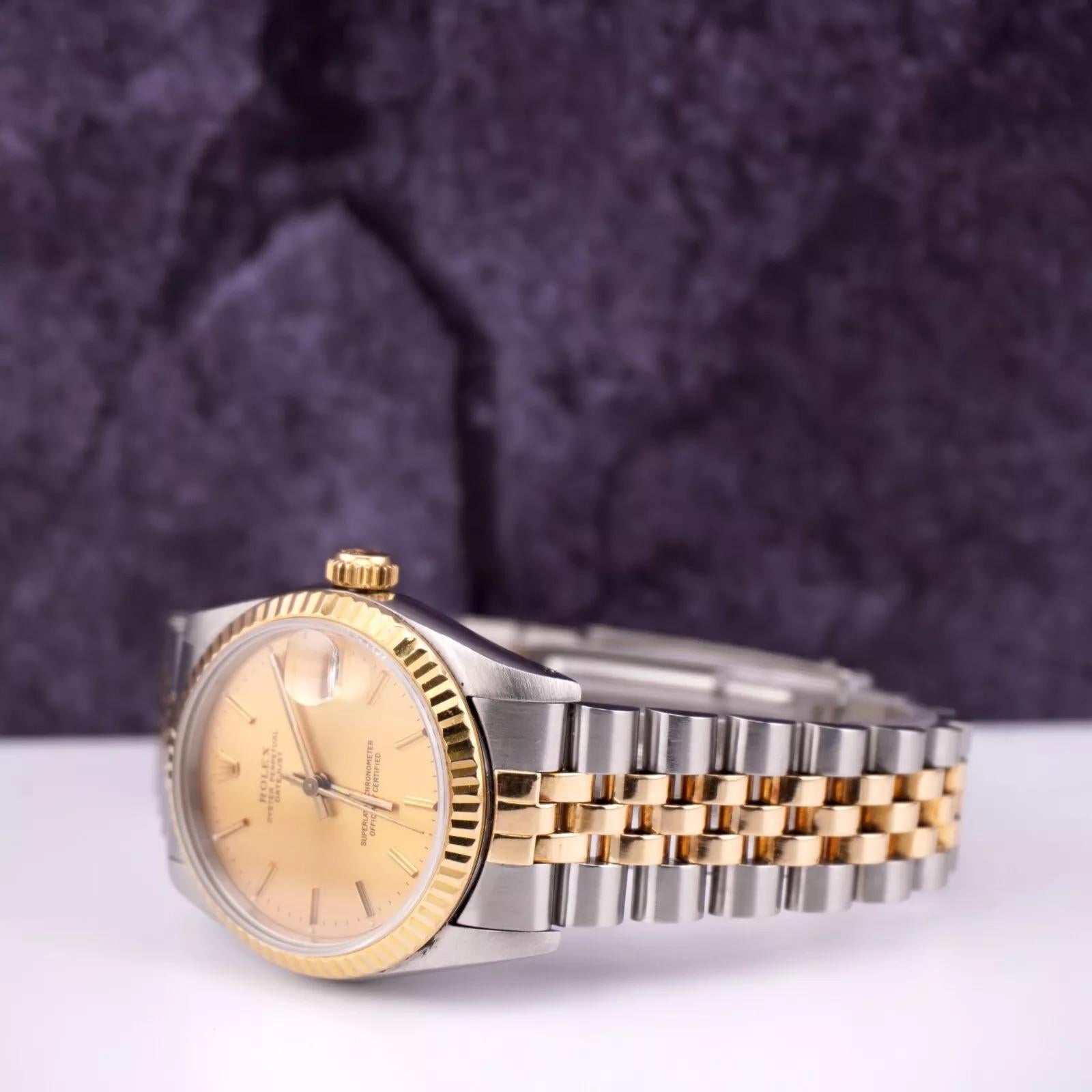 Rolex Datejust Midsize Ladies 31mm 18k Gold & Steel Gold Dial Watch Ref: 68273 In Good Condition For Sale In Pleasanton, CA