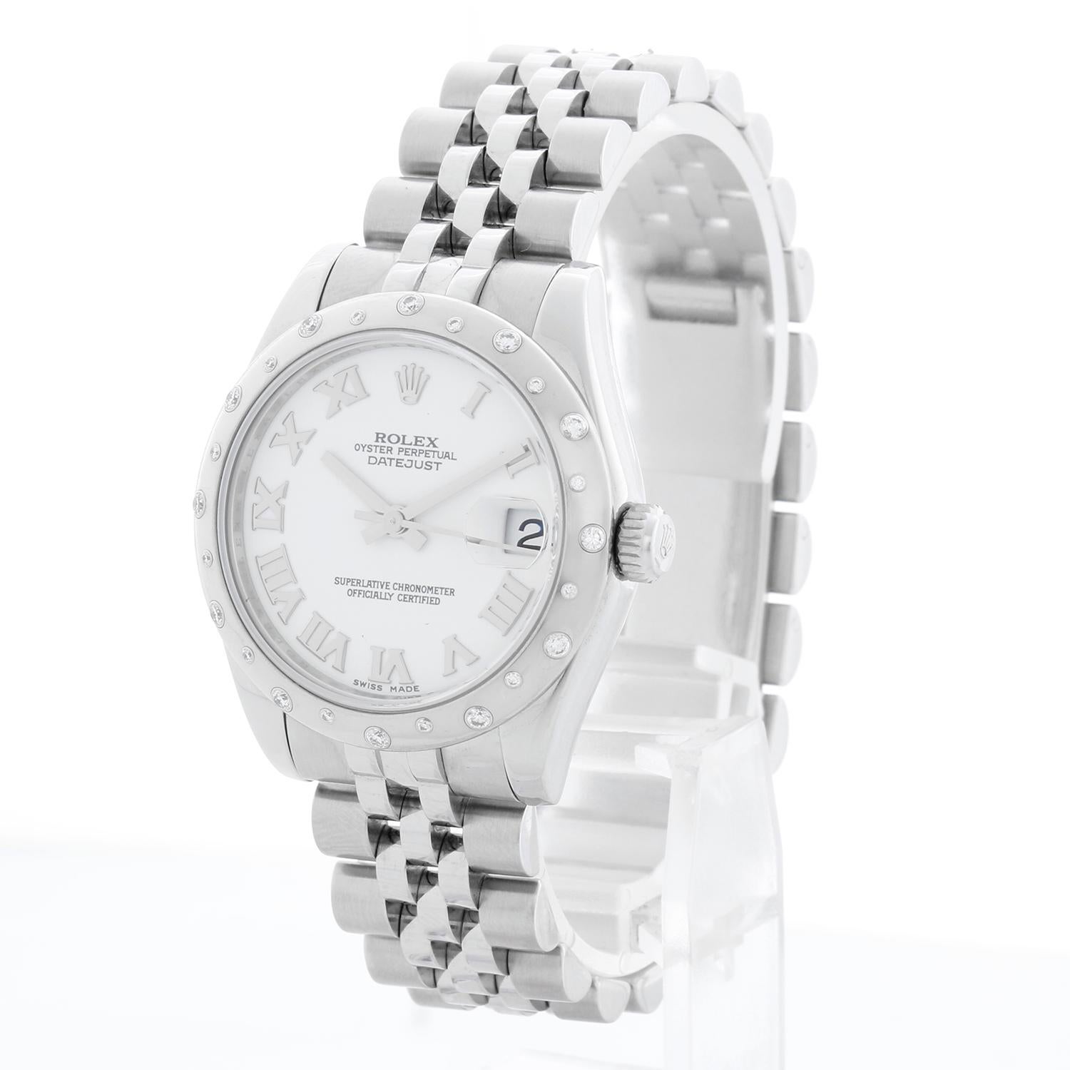 Rolex Datejust Midsize Ladies Steel Watch 178344 - Carica automatica, 31 Jewell, data Quickset, vetro zaffiro. Datejust. Cassa in acciaio con lunetta di diamanti (31 mm). Quadrante bianco con indici a numeri romani. Bracciale Jubilee in acciaio