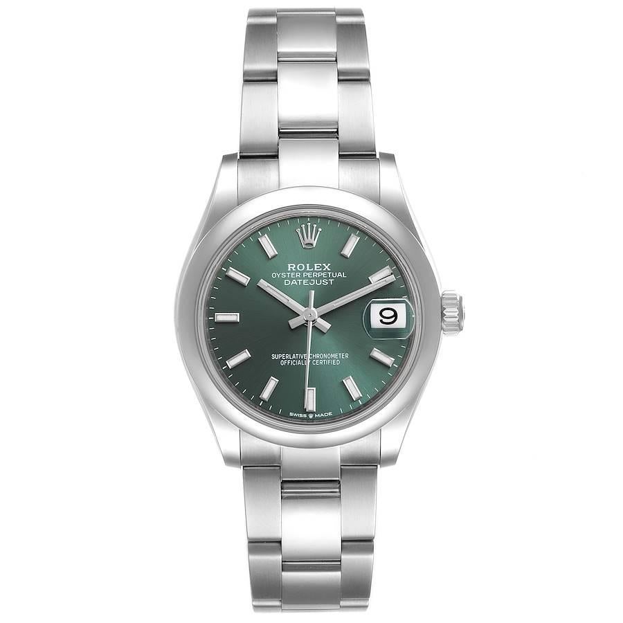 Rolex Datejust Midsize Mint Green Dial Steel Ladies Watch 278240 Unworn. Officially certified chronometer self-winding movement. Stainless steel oyster case 31.0 mm in diameter. Rolex logo on a crown. Stainless steel smooth bezel. Scratch resistant