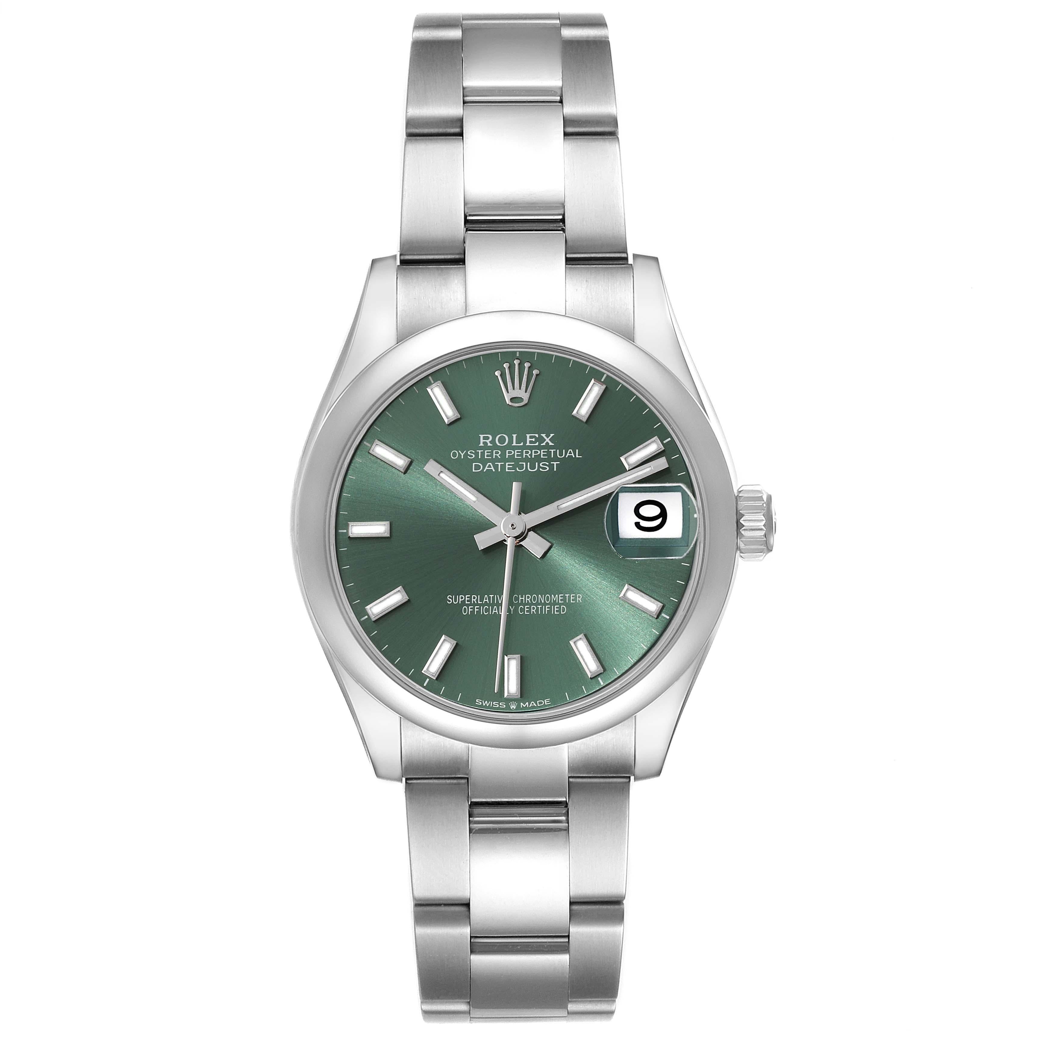 Rolex Datejust Midsize Mint Green Dial Steel Ladies Watch 278240 Unworn. Officially certified chronometer self-winding movement. Stainless steel oyster case 31.0 mm in diameter. Rolex logo on the crown. Stainless steel smooth bezel. Scratch