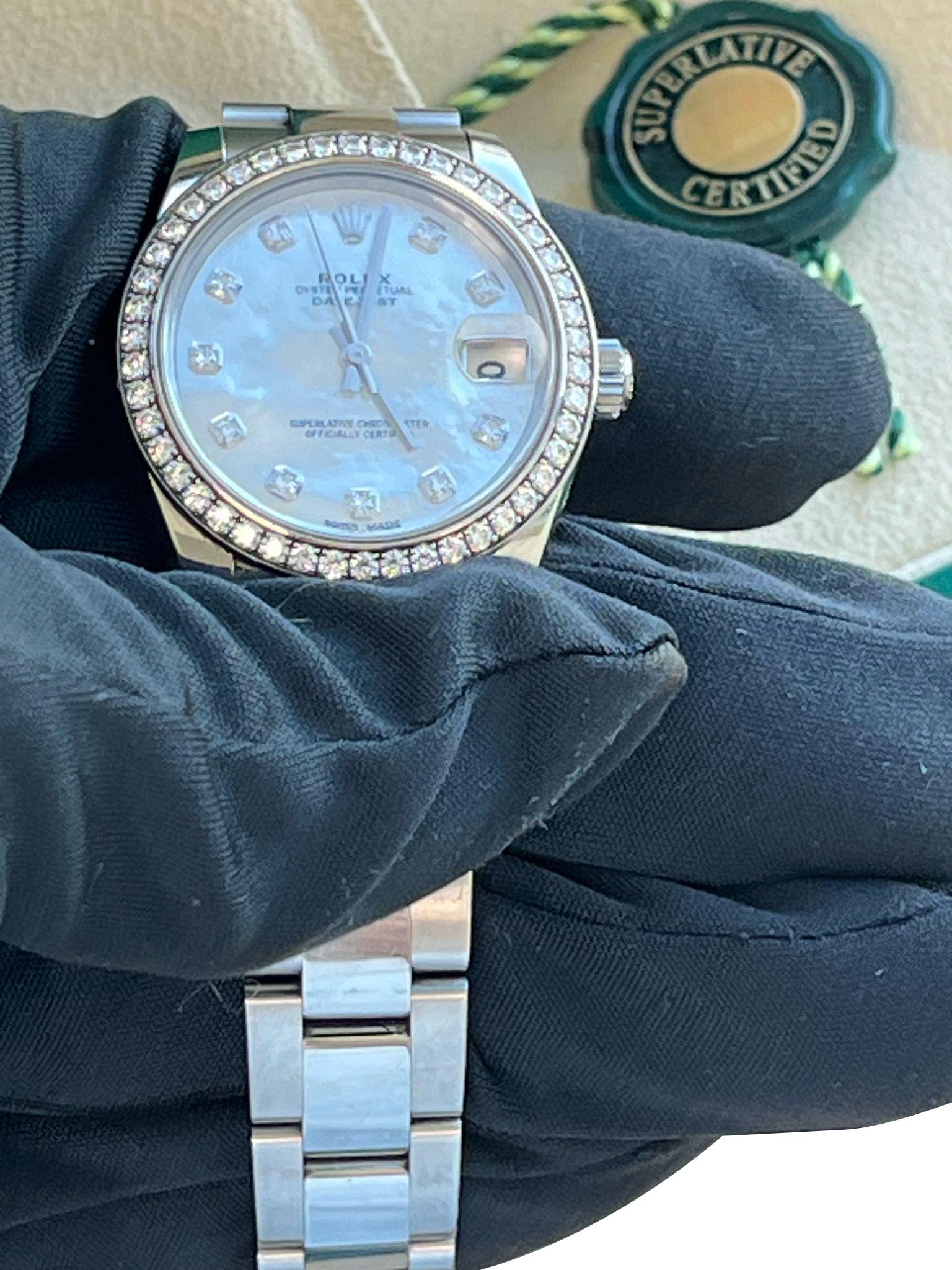 Rolex Datejust Midsize Mother of Pearl Diamond Dial Bezel Steel Watch 178384 For Sale 7