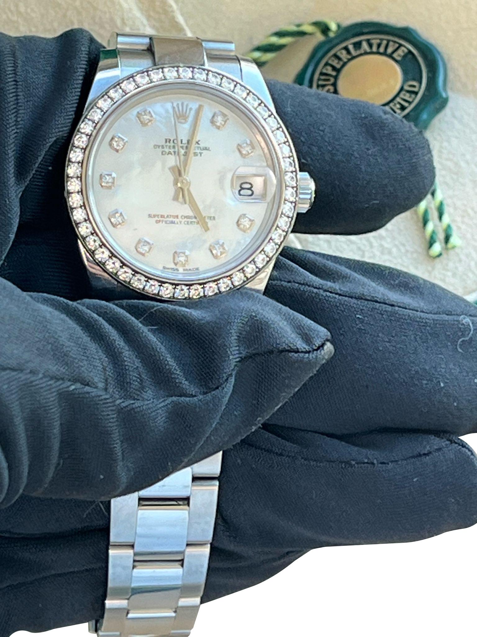 Rolex Datejust Midsize Mother of Pearl Diamond Dial Bezel Steel Watch 178384 For Sale 8