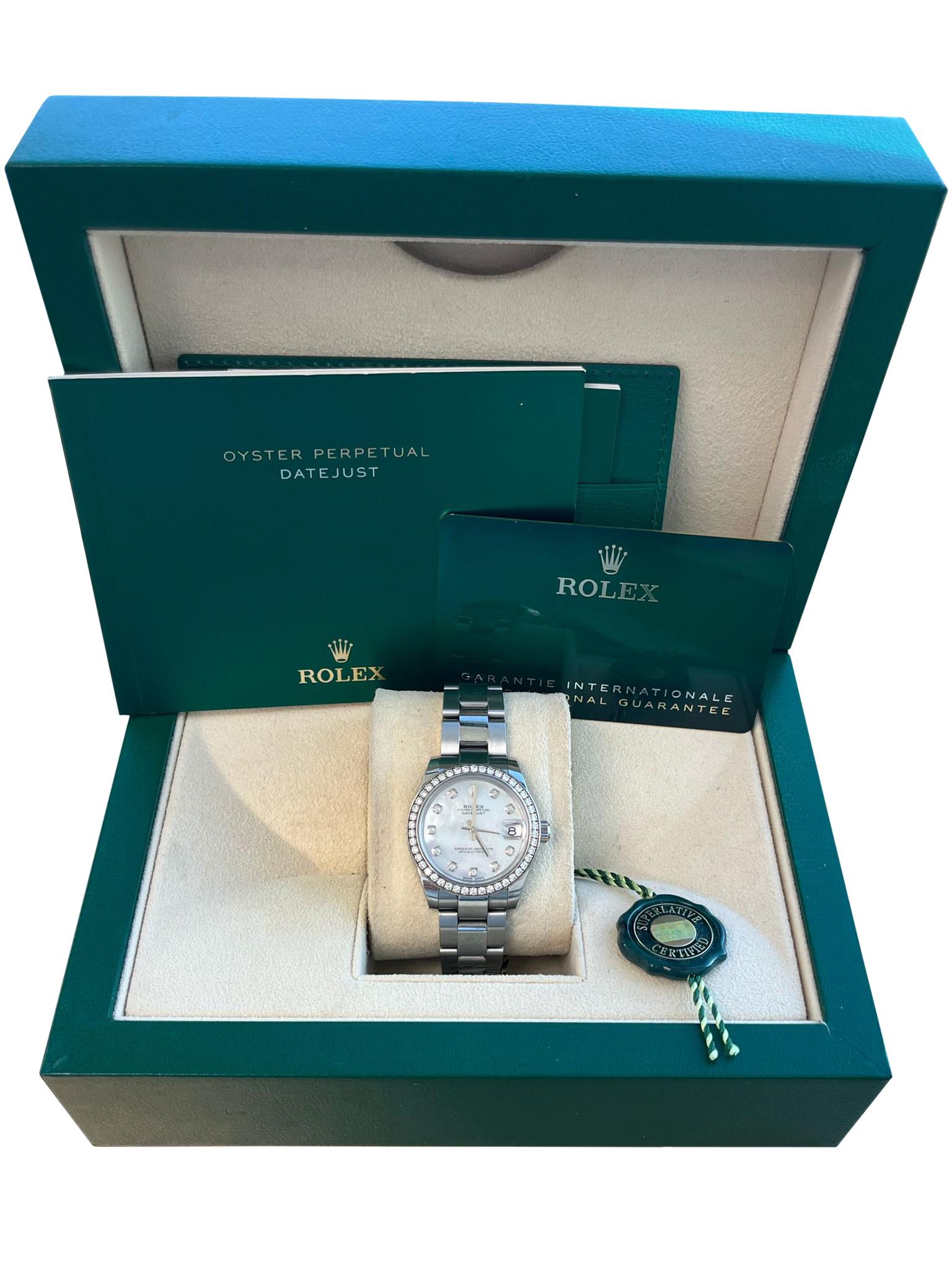 This Rolex Datejust 178384 Mother of Peal has a fixed bezel covered with glittering diamonds. The Rolex watch has a white Mother of Pearl dial which tells time brilliantly-cut diamonds set as the hour markers. Rolex Datejust 178384 MOP has a 31mm