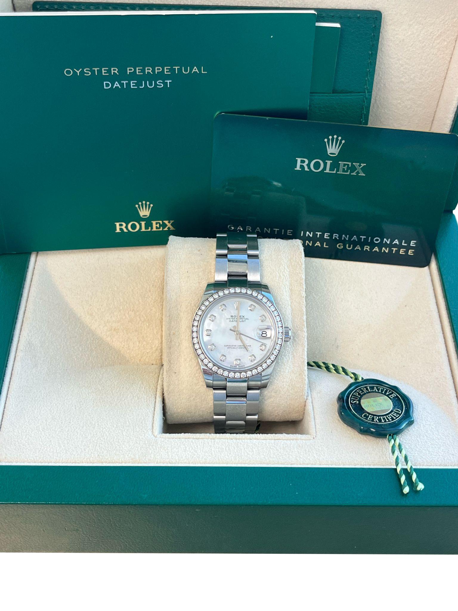 Modernist Rolex Datejust Midsize Mother of Pearl Diamond Dial Bezel Steel Watch 178384 For Sale