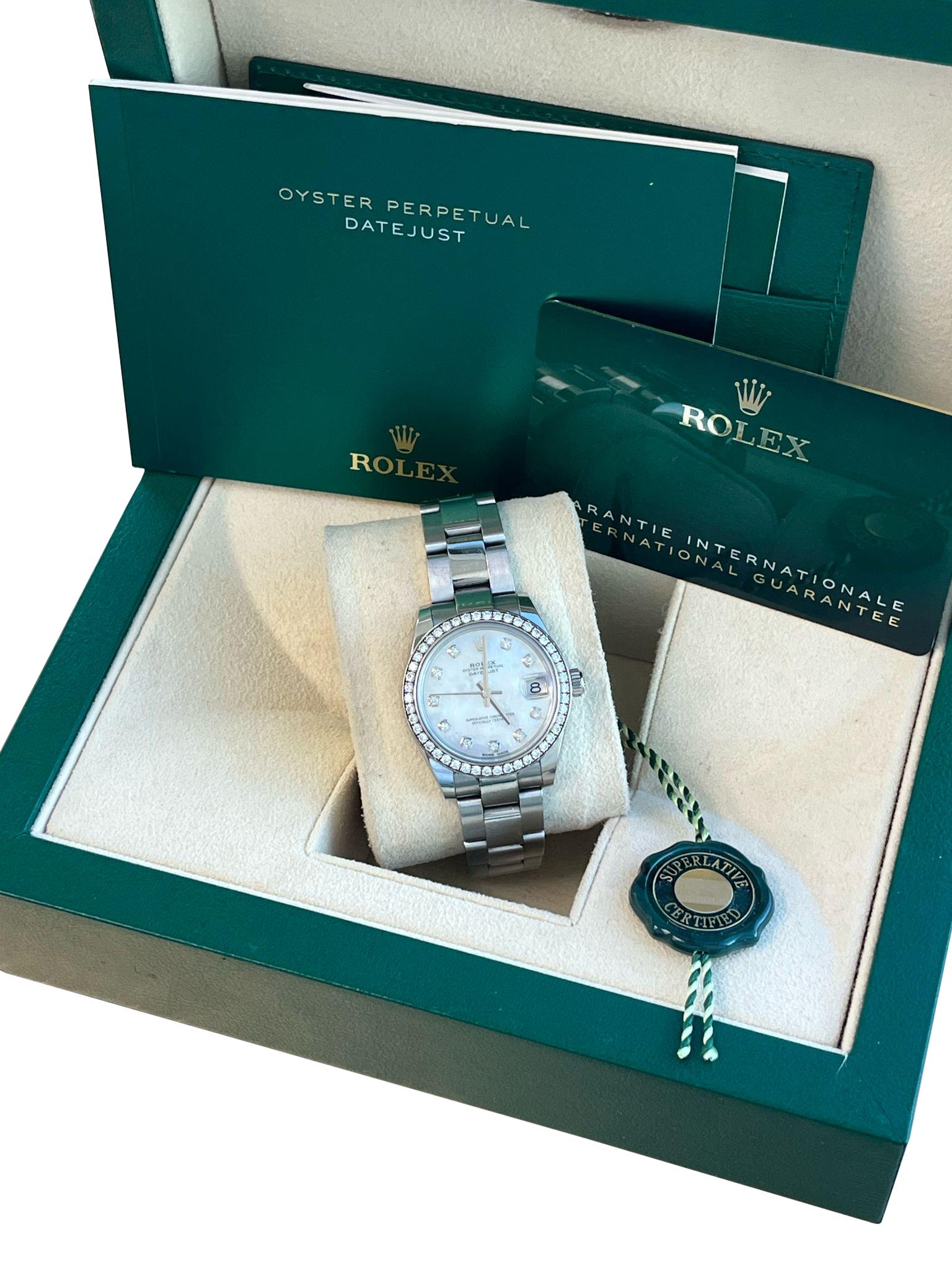 Round Cut Rolex Datejust Midsize Mother of Pearl Diamond Dial Bezel Steel Watch 178384 For Sale