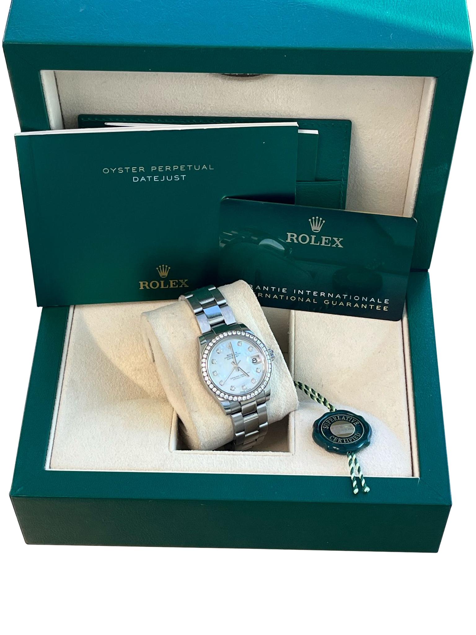 Rolex Datejust Midsize Mother of Pearl Diamond Dial Bezel Steel Watch 178384 In Good Condition For Sale In Aventura, FL