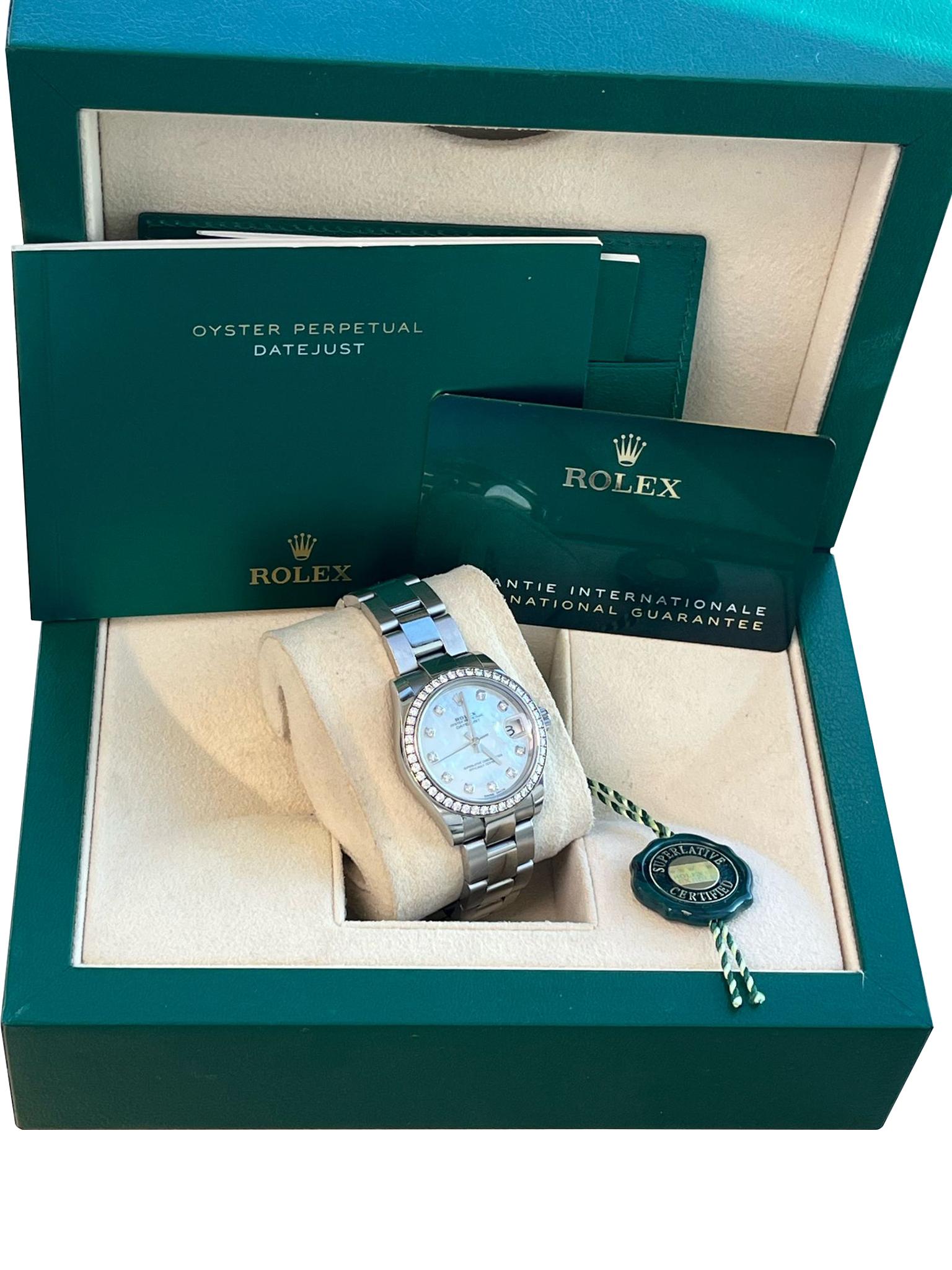 Women's or Men's Rolex Datejust Midsize Mother of Pearl Diamond Dial Bezel Steel Watch 178384 For Sale