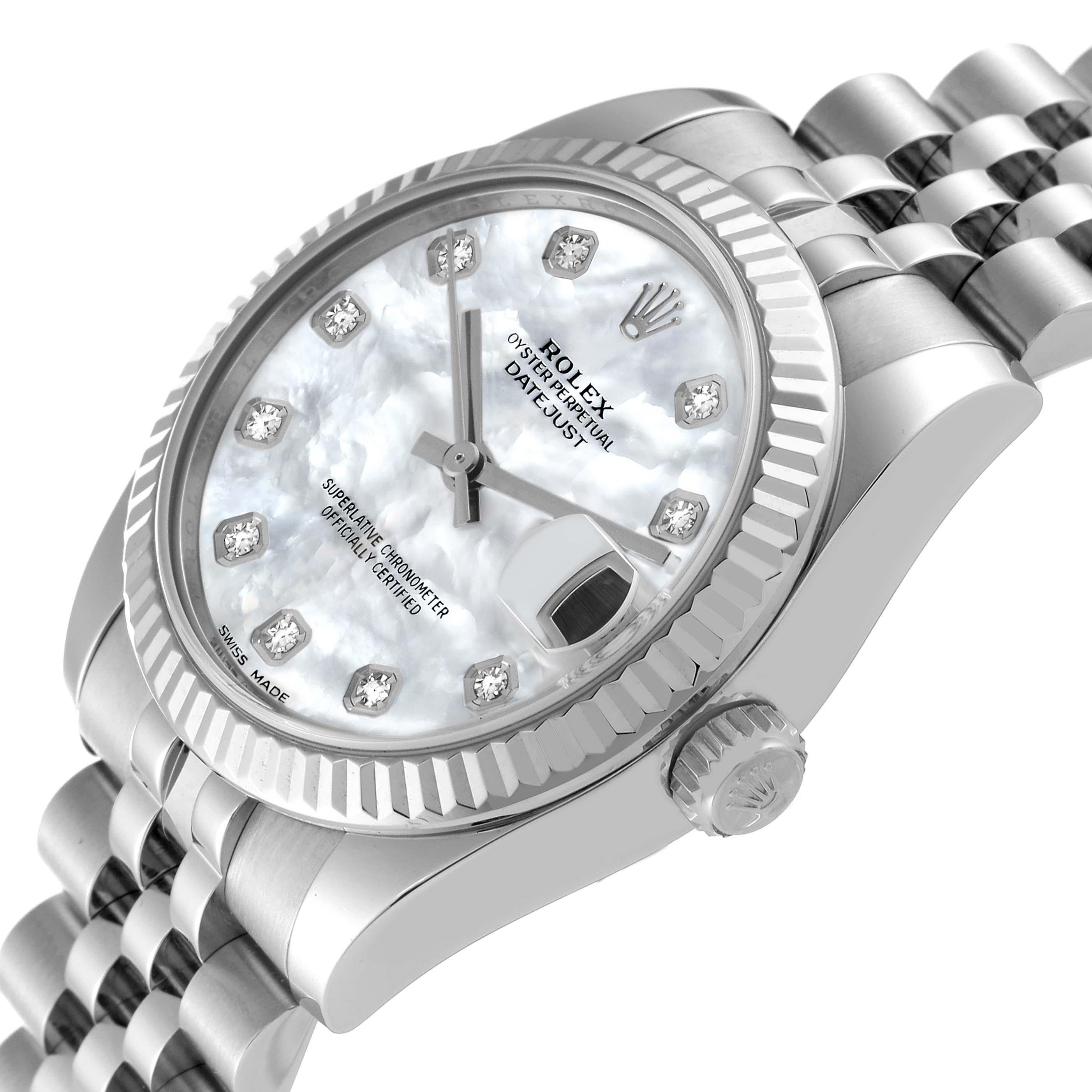 Rolex Datejust Midsize Mother Of Pearl Diamond Dial Steel White Gold Watch In Excellent Condition For Sale In Atlanta, GA