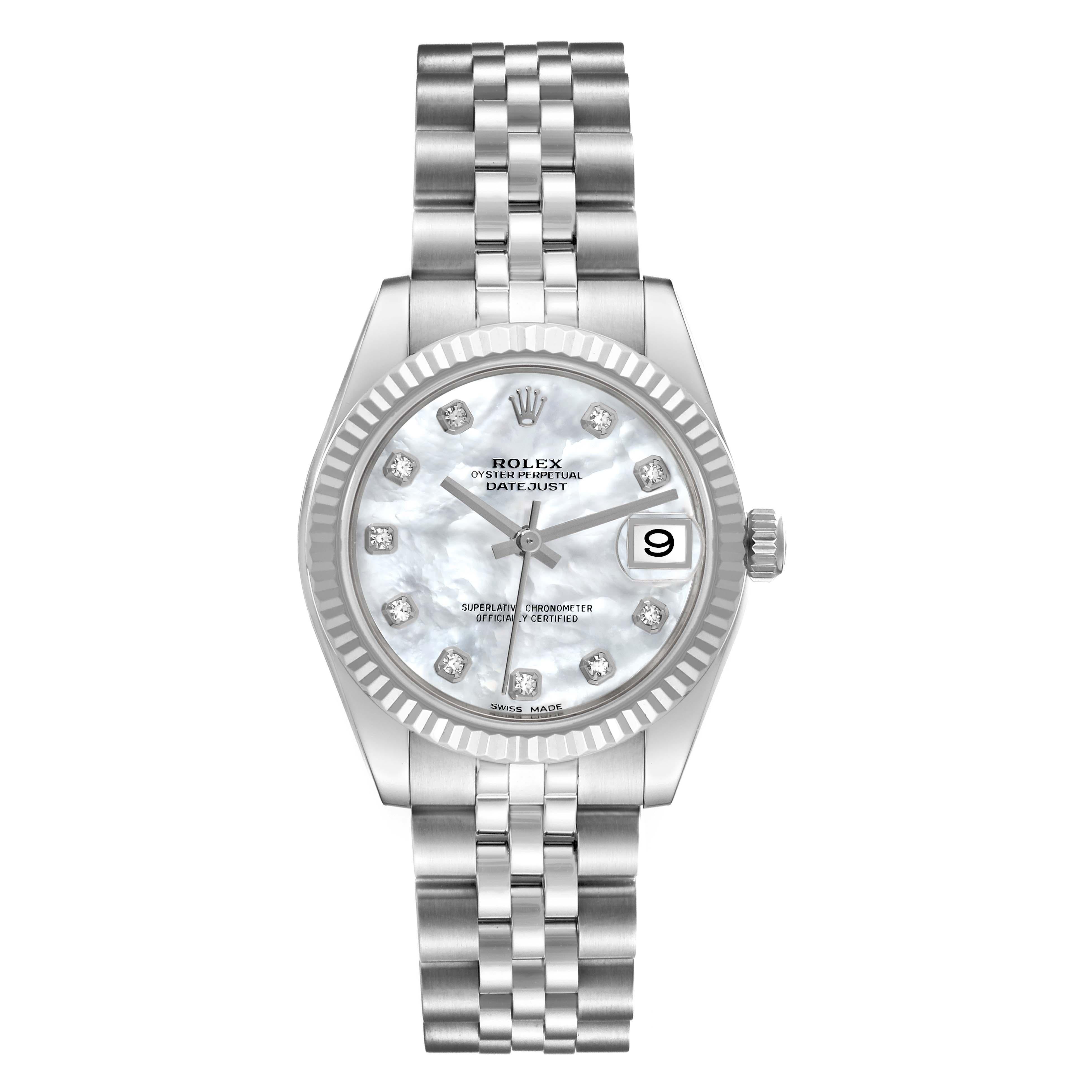 Women's Rolex Datejust Midsize Mother Of Pearl Diamond Dial Steel White Gold Watch For Sale